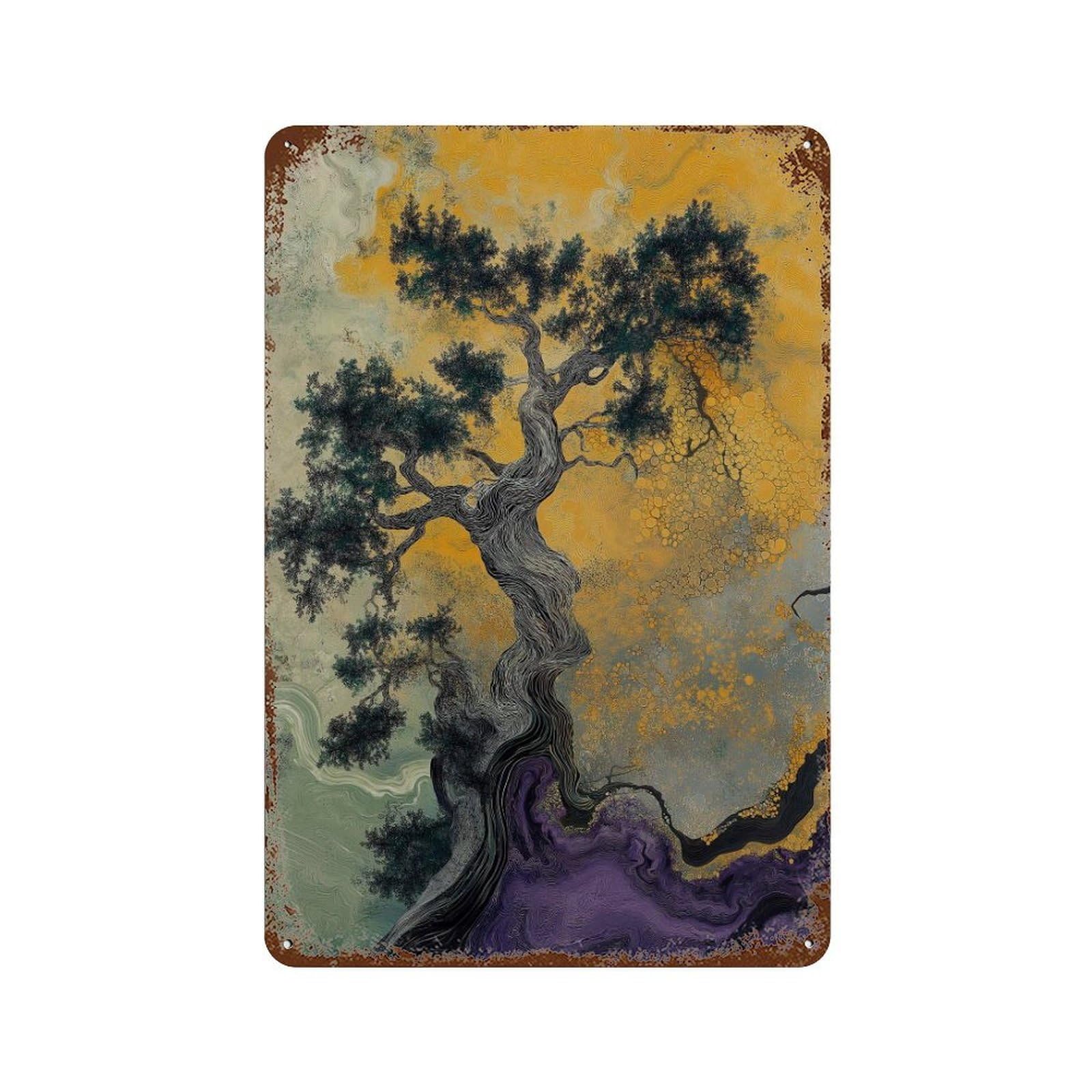 xiaoxiaoshen Abstract Japanese Bonsai Golden And Purple Tree with Fluid Texture Modern Zen Na Wall Decor Art Metal Tin Poster Modern Home Decor Art Home Bar Shop Decorations Vintage Sign 30x20cm