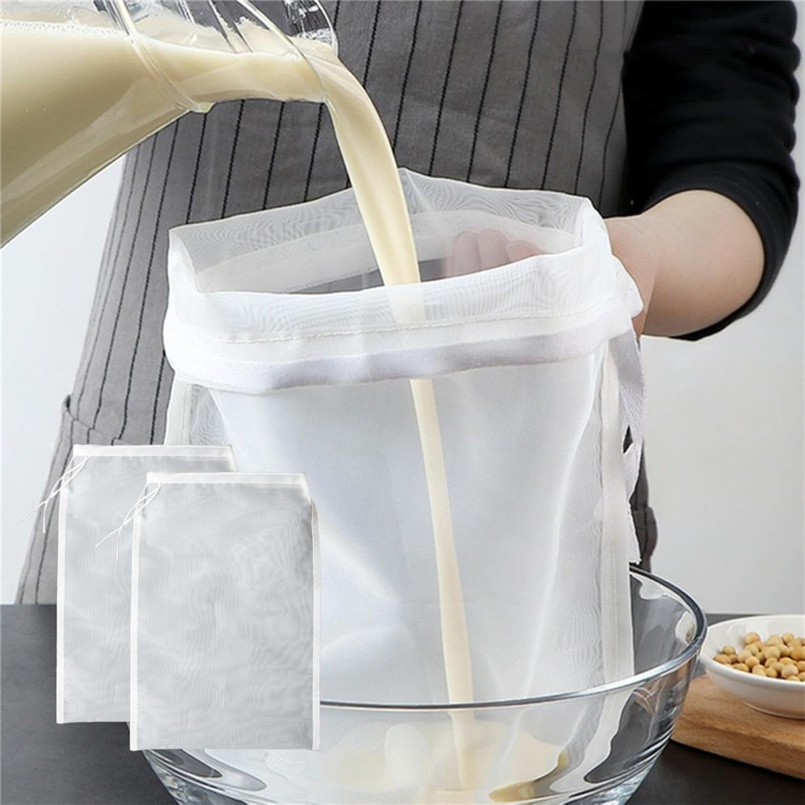 2 Pcs Multi-Purpose Nylon Strainer Bags - Ultra Fine Mesh Filter for Soy Milk, Fruit Juice, Vegetable Juice, Wine Residue - Reusable Kitchen Tool for Straining and Food Prep