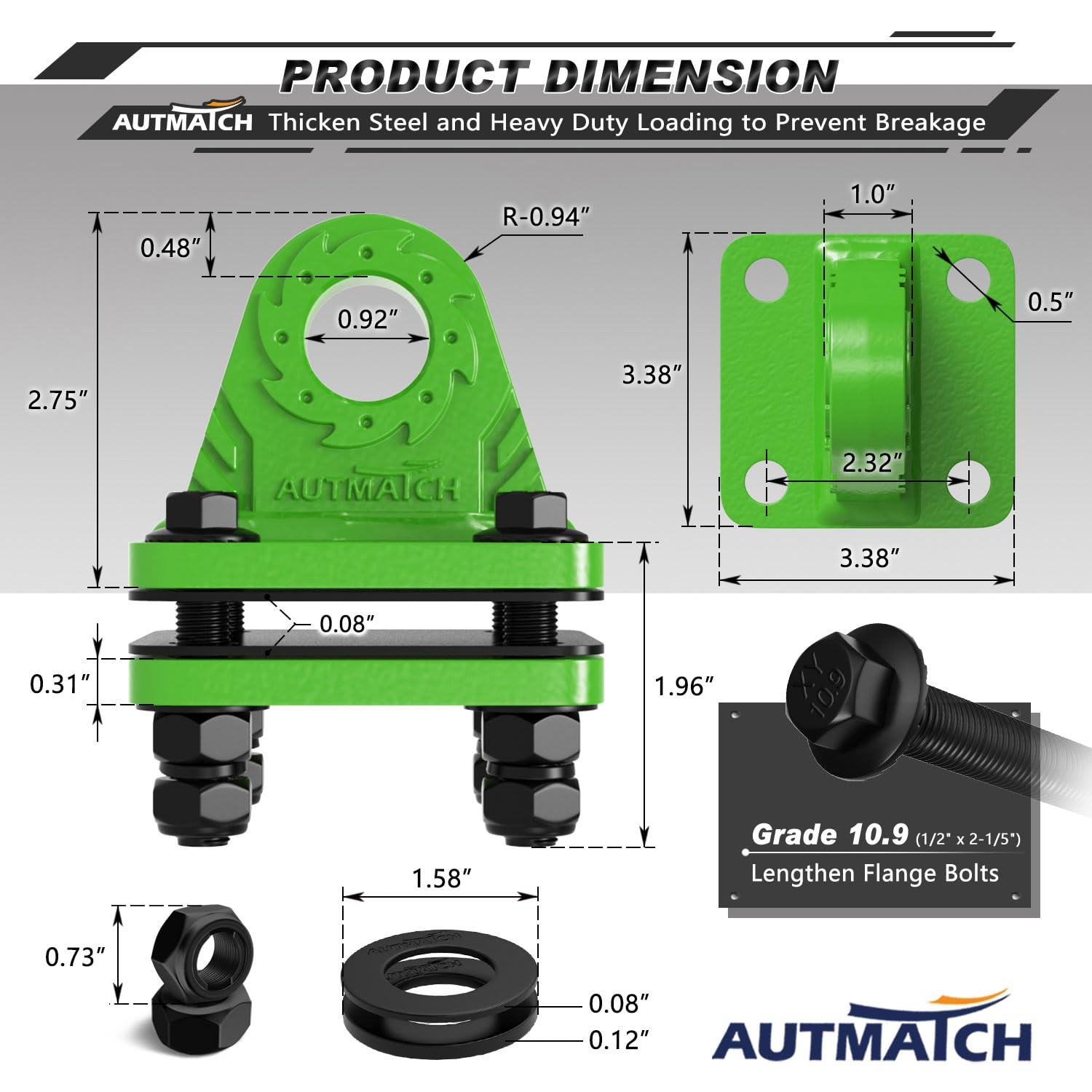 AUTMATCH Supporto ad Anello a D con Piastra di Supporto (2 Pezzi) – Staffa con bullone su Forcella per paraurti, Max 24 T (24 kg) per paraurti, Secchio Trattore, Camion, rimorchio, Verde