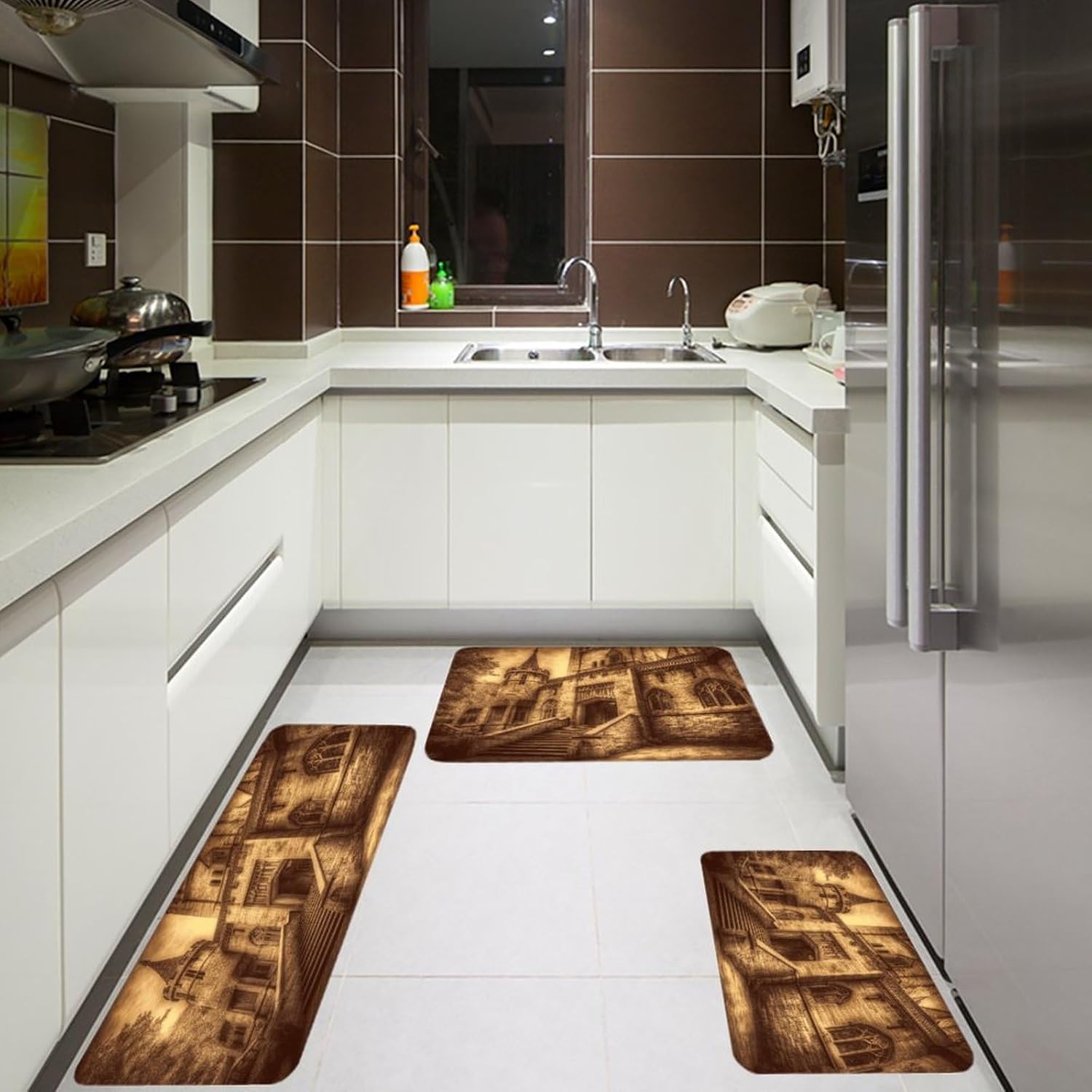 Vintage Medieval Castle Kitchen Mat Set of 3 Waterproof Floor Mats Non-Slip Kitchen Rugs Premium Flannel Rug Heavy Duty Standing Mat for Kitchen Home Bathroom Laundry