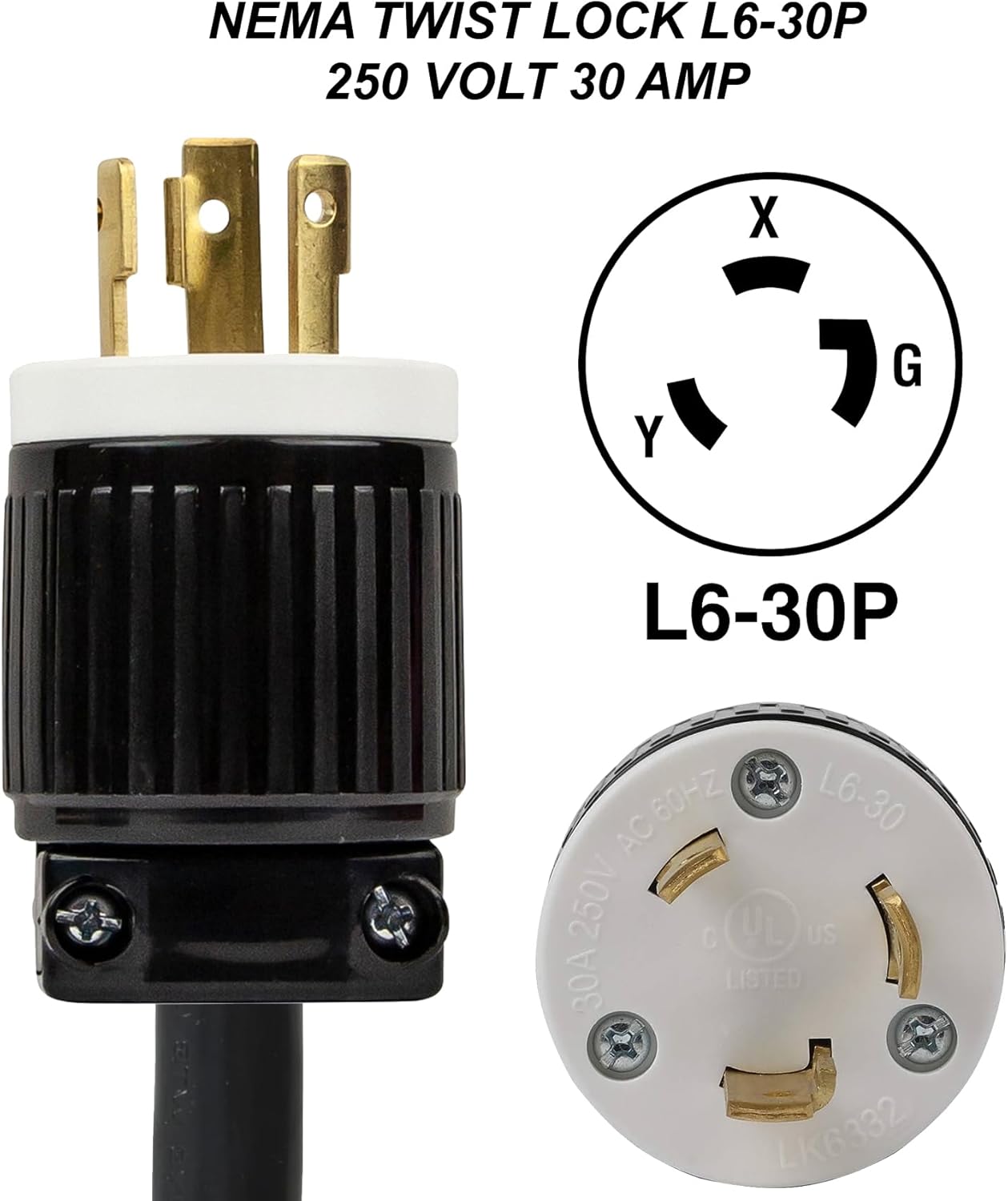 Power Cord Extension Cable L6-30P to 5-15R for PDU/UPS Heavy Duty 20A 12AWG 1 ft Adapter Cable