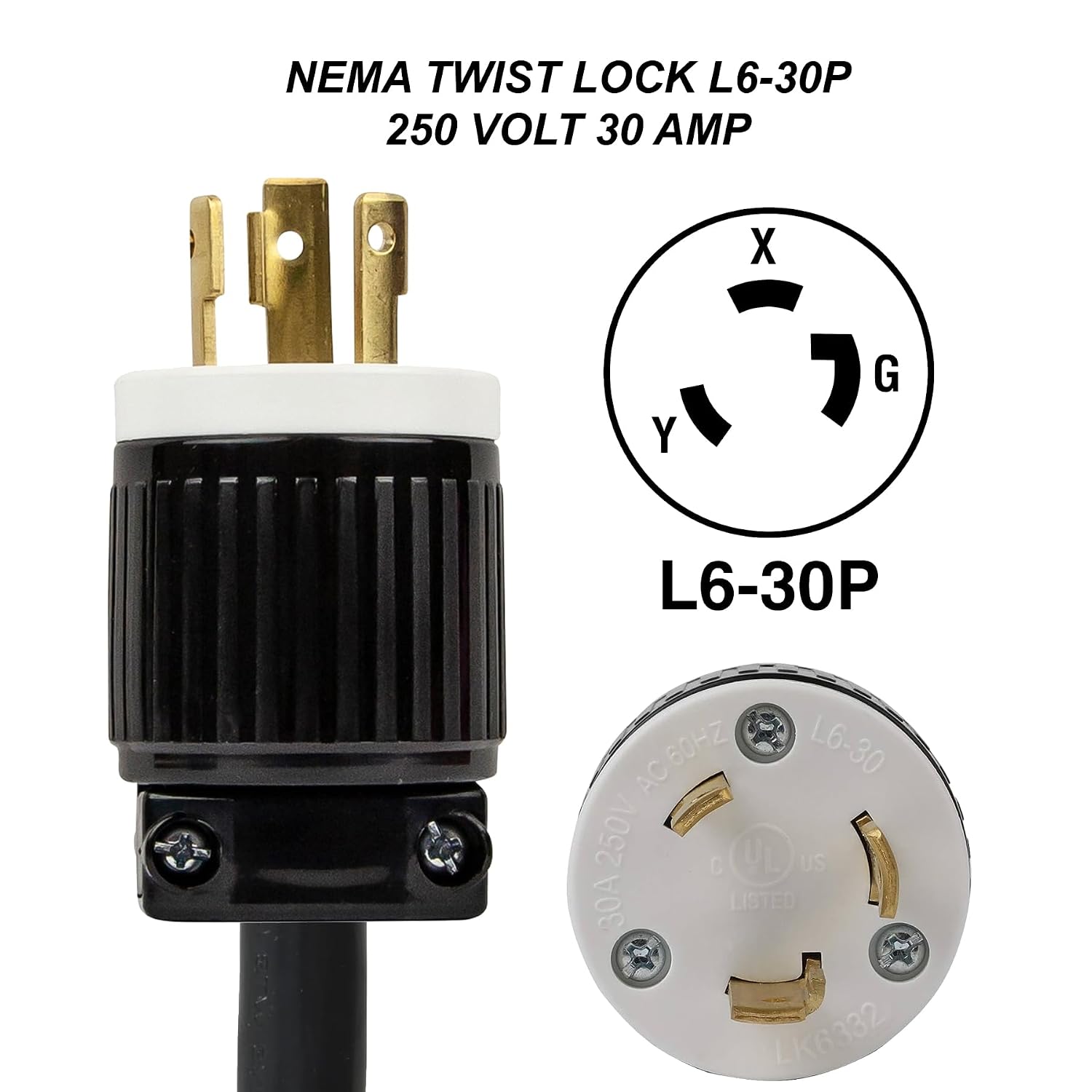 L6-30P 3-Pin Male 220/250V Plug to L5-30R 110/125V 3-Prong Female Receptacle Socket Outlet Adapter, Electrical Power Twist Lock Connector Cord Convert NEMA UL-FX125V1043