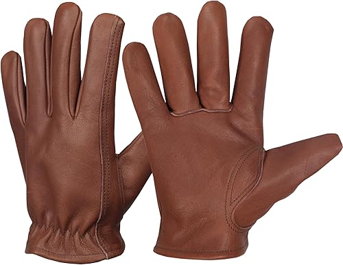 Guantes de trabajo de cuero de vaca marrón para hombres, camping, equitación, corte, cuerda, agricultura, trabajo en el patio, diseño minimalista