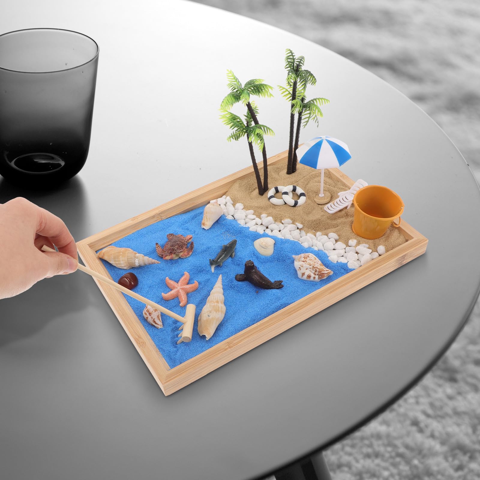 Mini Jardín Zen de Arena Japonés para Escritorio 28x19x2.5 Cm, Caja de Arena Decorativa Tema de Playa Oceánica, Micropaisaje Creativo para Decoración del Hogar y Oficina