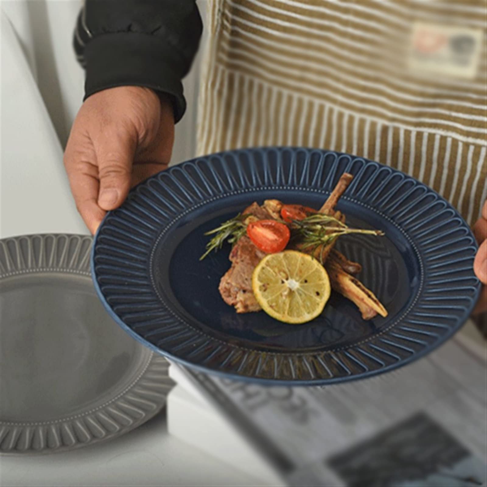 Platos Llanos Plato de Comedor con patrón en Relieve, Plato de Comedor de cerámica for el hogar, Restaurante, cafetería, Plato de Postre, Plato Plano Circular Platos Postre(A)