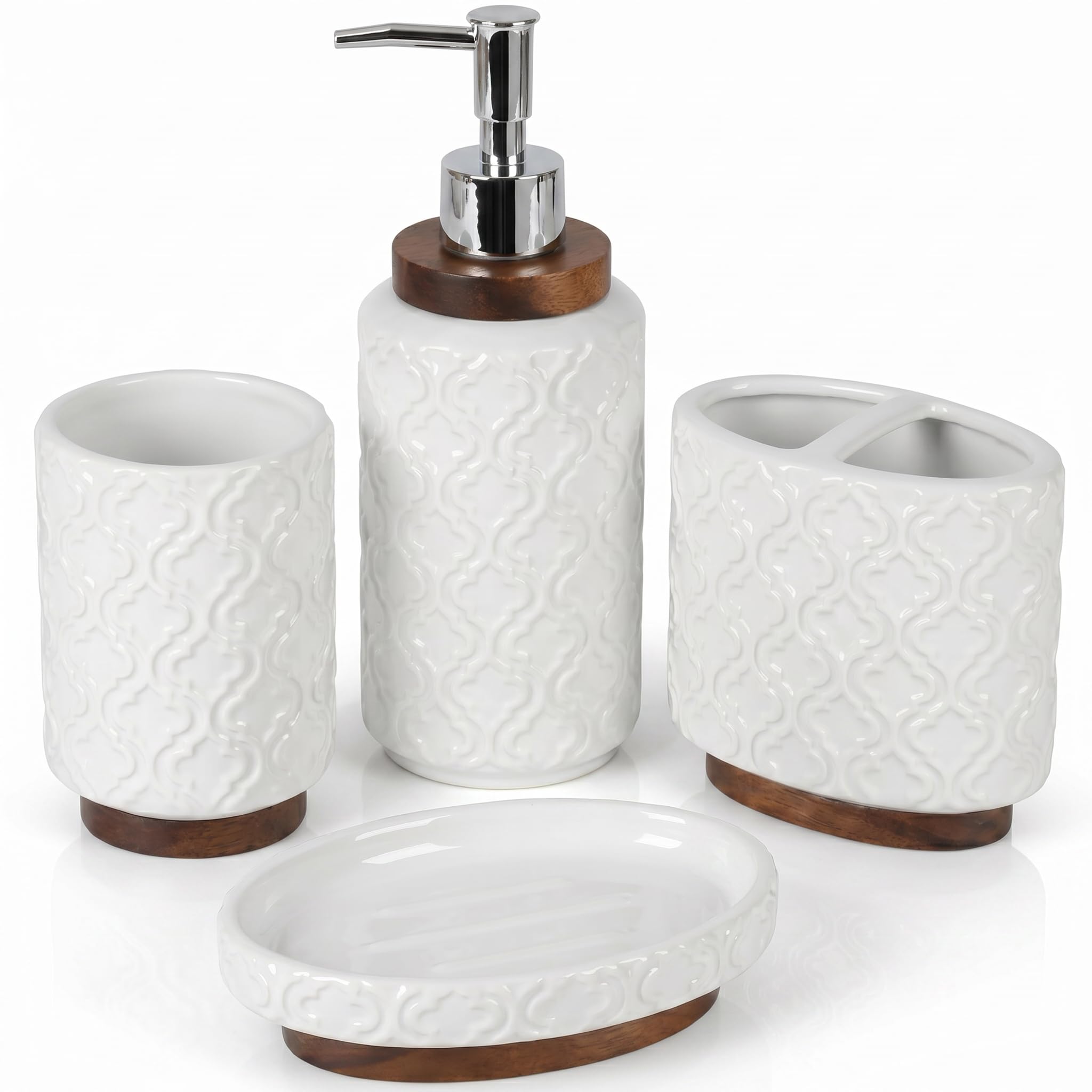 RQYIXI Embossed Ceramic Bathroom Accessory Set with Dark Brown Burnt Wood, Moroccan Trellis Patterns Soap Dispenser Set for Counter Top White Bathroom Set(Moroccan Trellis) โ image 1