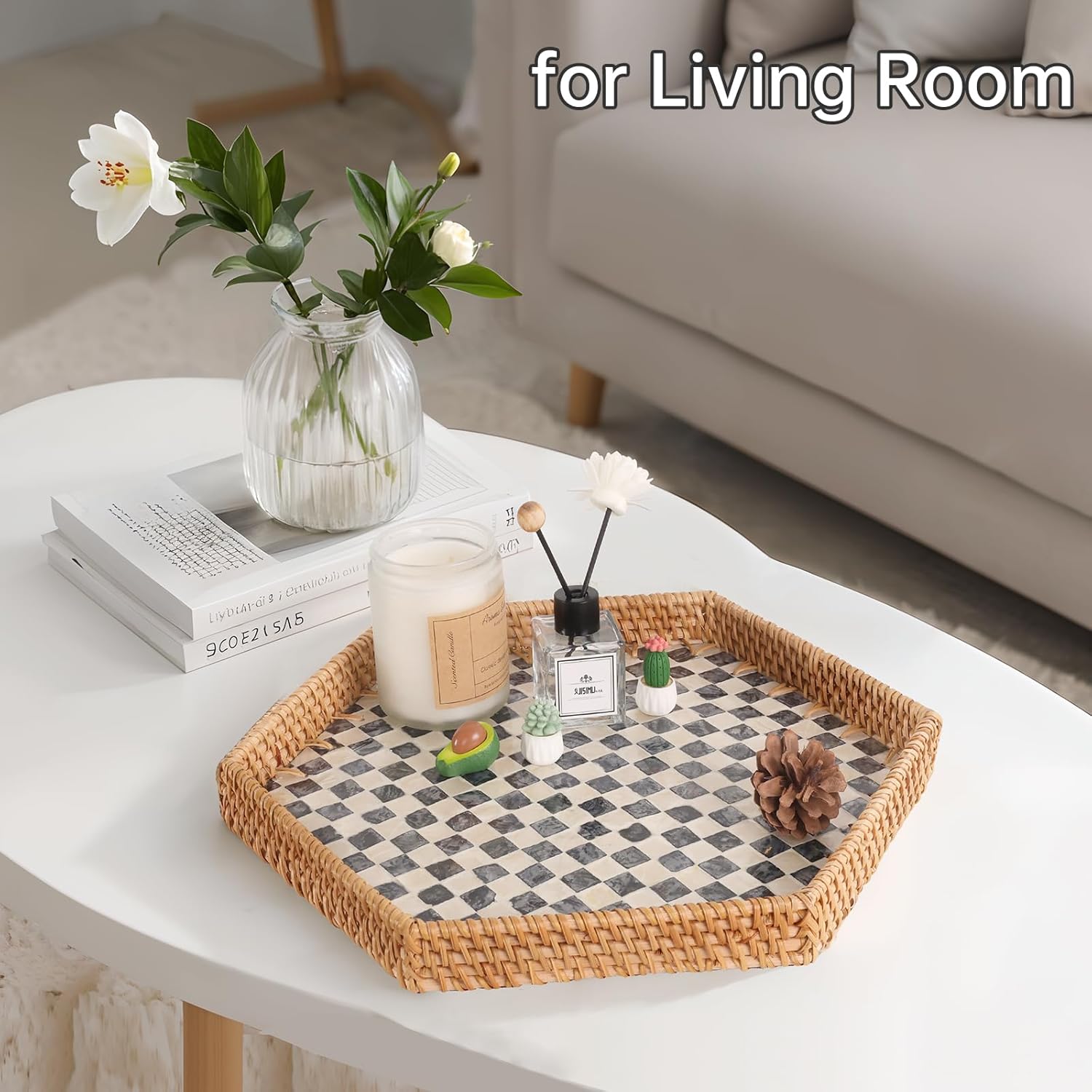 Hexagon Rattan Tray with Mother of Pearl Inlay, Rattan Serving Tray for Coffee, Bread, Fruits, Snacks, Decorative Wicker Tray for Table Decor, Home Decor (Black Checker, 14.5"×12.8") - Image 7
