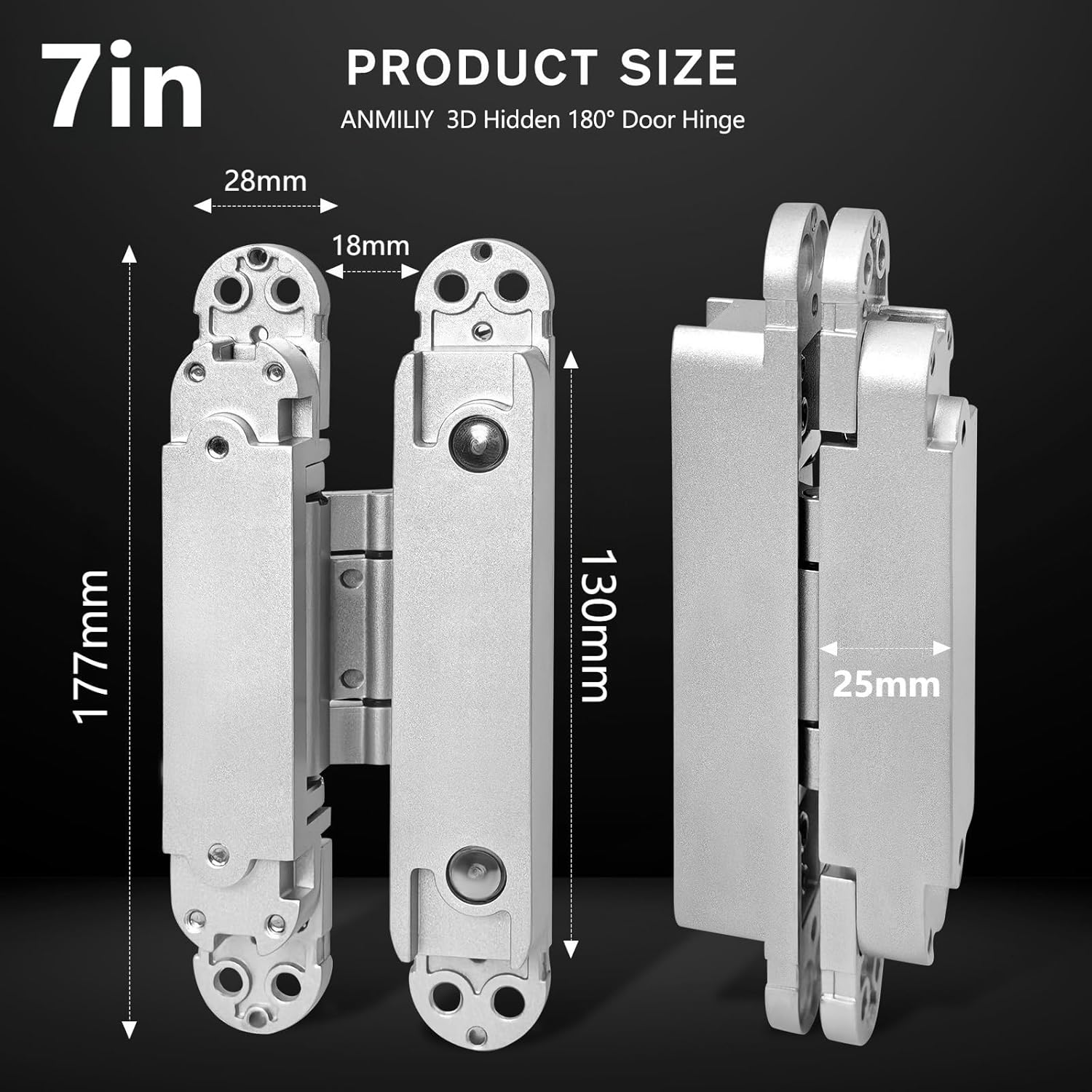7 Inch 2-Pack Invisible Door Hinges, 3D Adjustable 180° Swing Invisible Hinges, 176.5 lb.Load Capacity (Silver, 7 x 2.8 x 1)