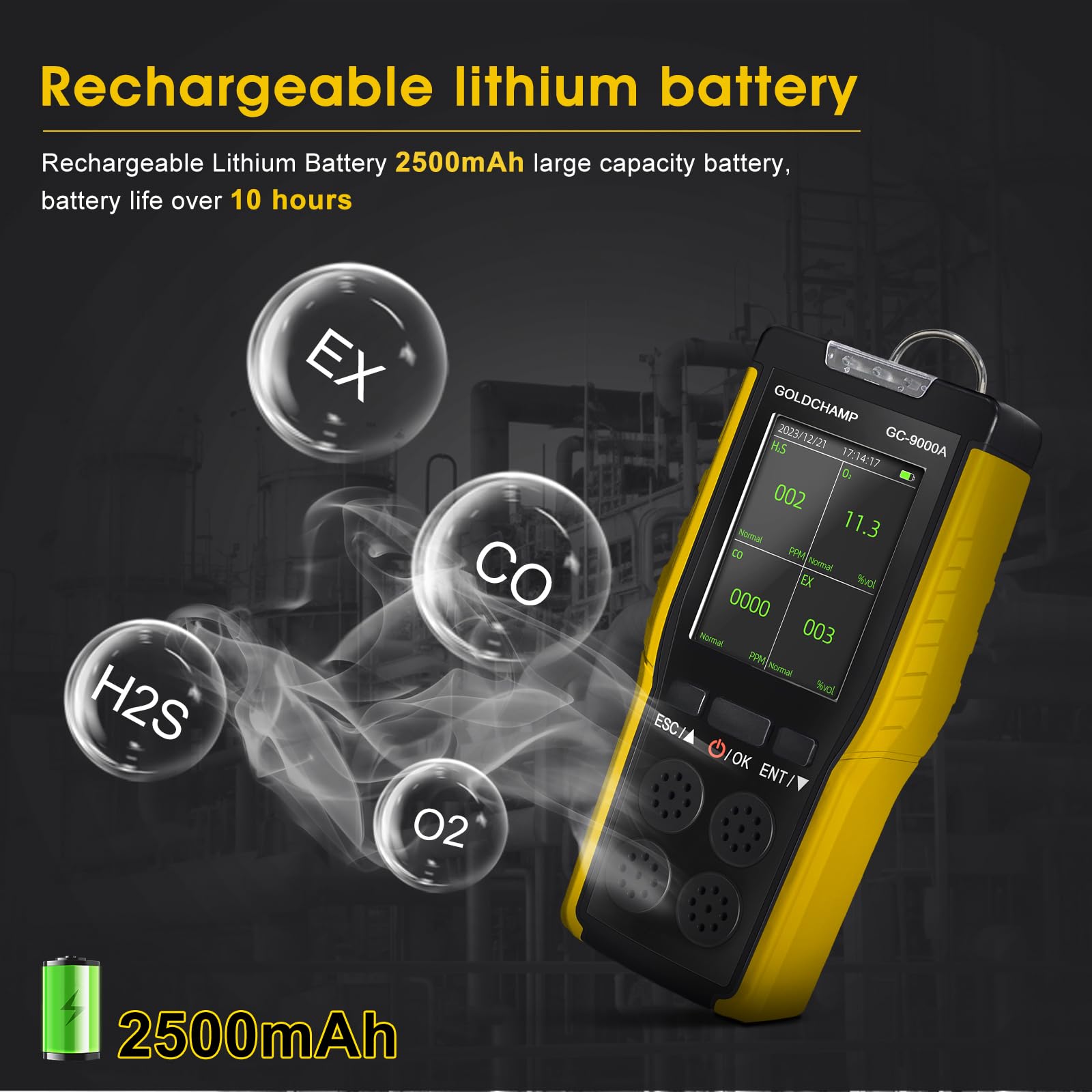 Détecteur de gaz 4 en 1 pour combustible/O2/H2S/CO, alarme son/lumière/vibration et écran LCD détecteurs de fuite de gaz pour la maison + anémomètre portable, 5 unités et interrupteur ℃/℉, testeur de