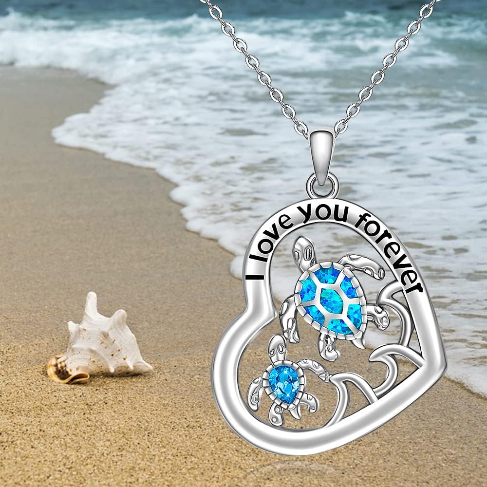 Turtle Necklace for Women Sterling Silver Two Blue Opal Sea Turtle Hawaii Heart Pendant Mother and Daughter Necklaces Ocean Inspirational Jewelry Gifts - Image 9