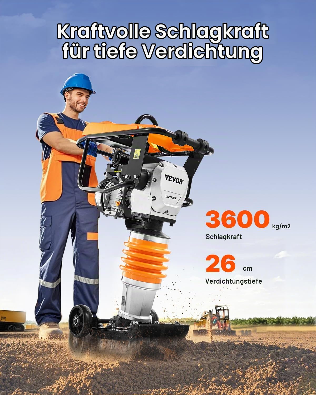 VEVOR 6,5 PS Vibrationsstampfer, kraftstoffbetriebener 196-cc-Motorstampfer, 1632 kg Schlagkraft, 66 cm max. Verdichtungstiefe, Vier Federn, Grabenstampfer für Erde, Kies, Betonplatten, Fundamente