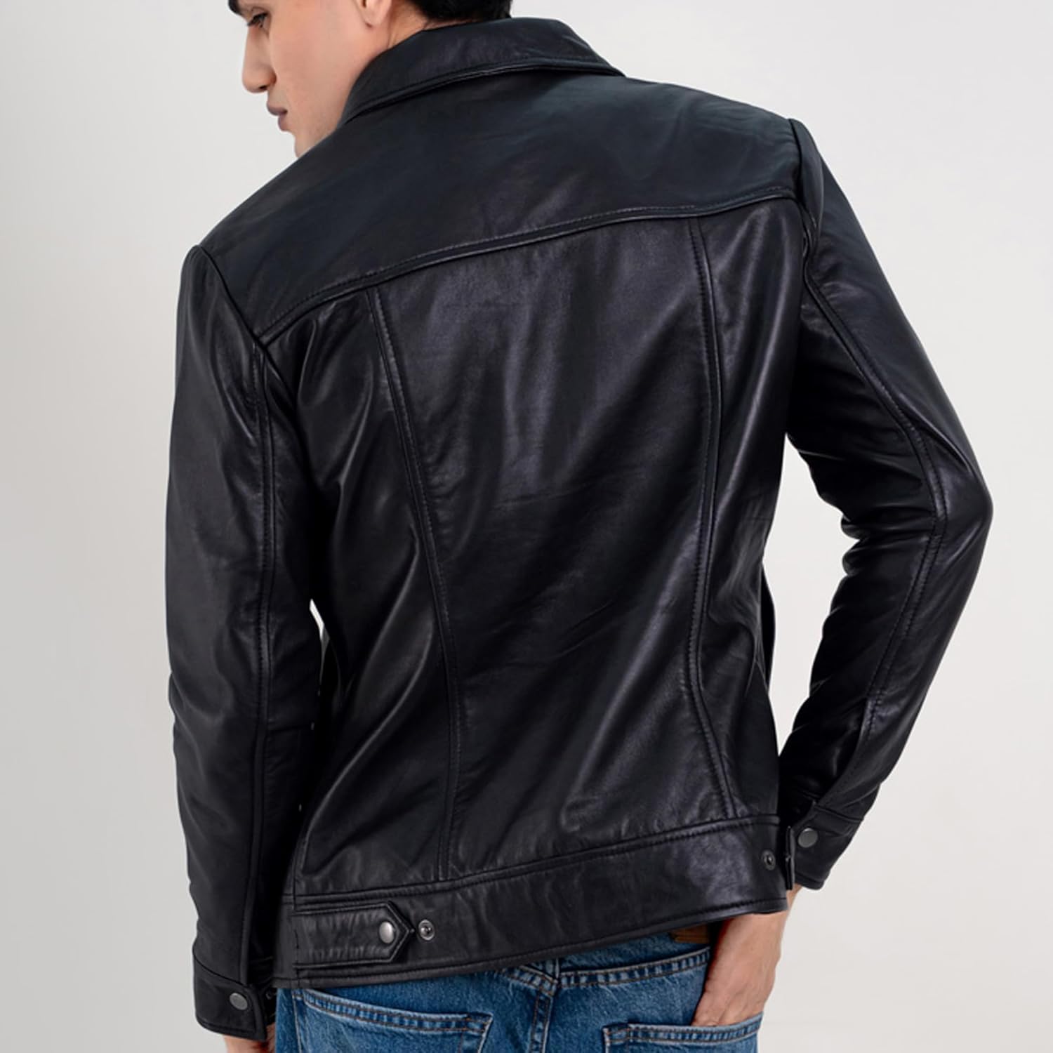 LeathersInn Genuine Leather Jacket For Men - Motorcycle Style Classic Zip Front Coat with Shirt Collar and Multiple Pockets