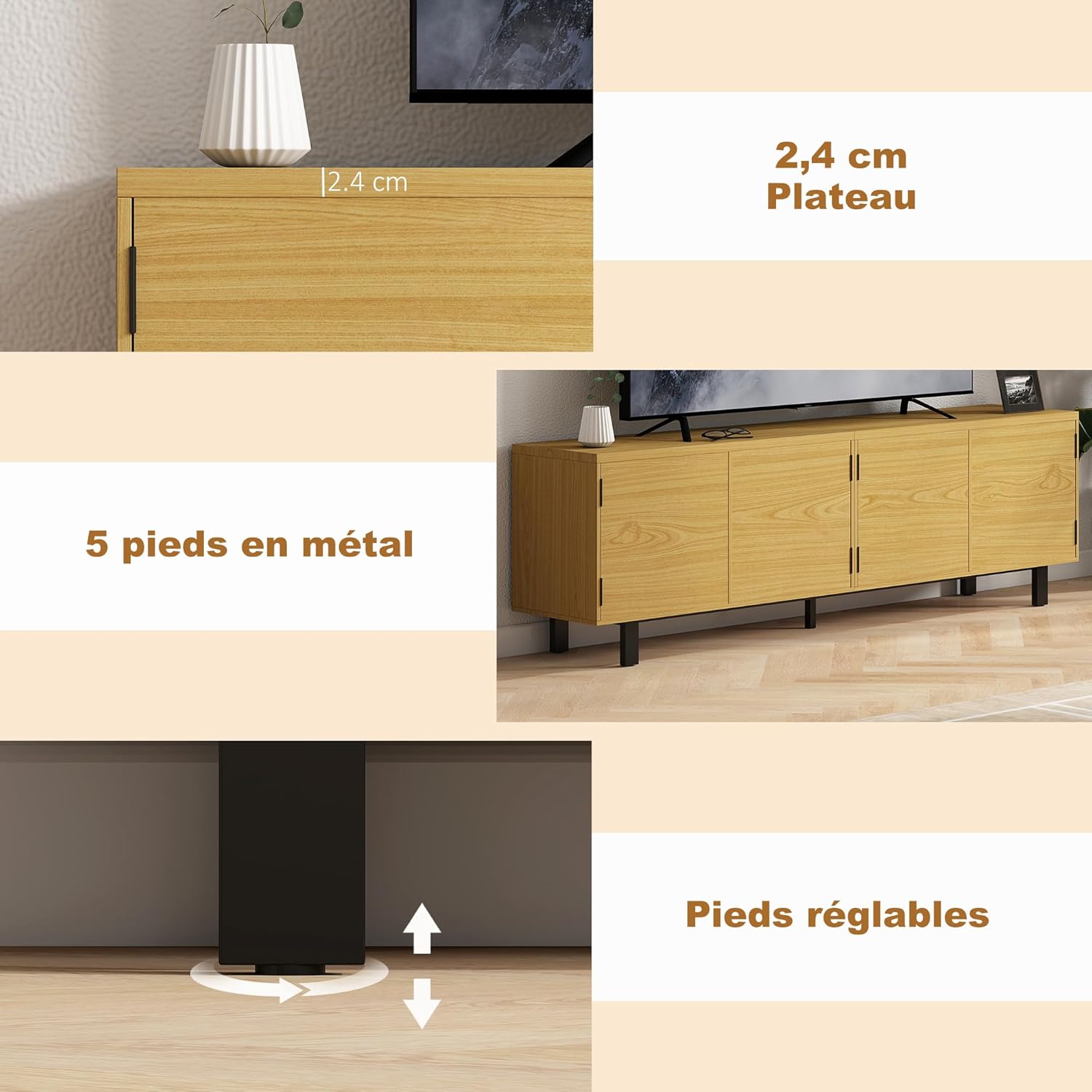 Close-up showing the 2.4 cm thick top panel, five metal feet, and adjustable feet of the TV unit
