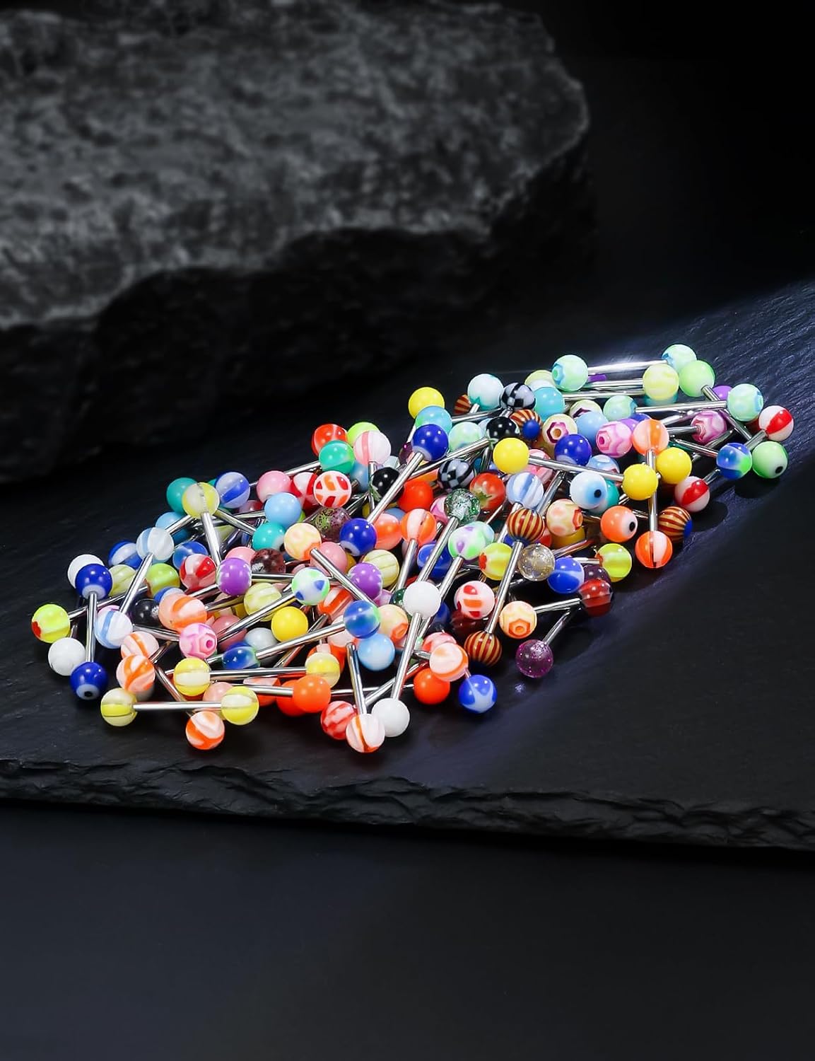 14G 100Pcs Colorful Ball Surgical Steel and Bioflex Flexible Acrylic Nipple Tongue Rings Piercing Jewelry 14 Gauge Straight Barbell Tongue Nipple Ring Piercing Jewelry Retainer For Women Men