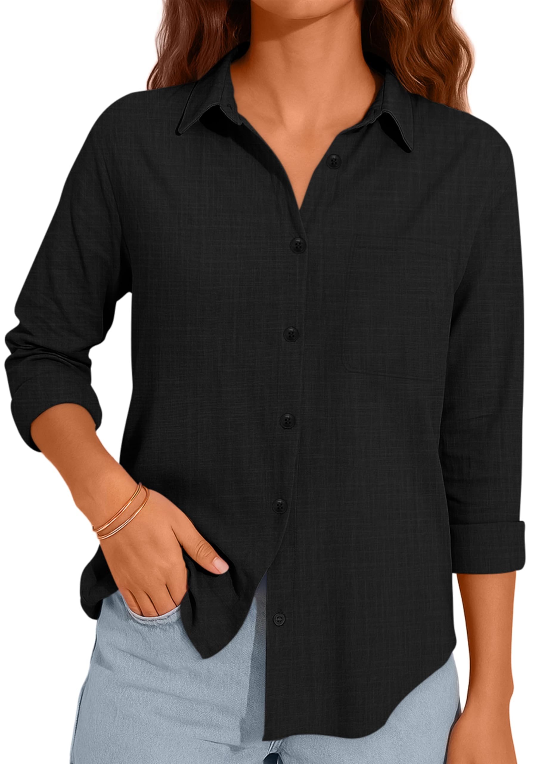 NONSAR Camicetta da donna, elegante, con colletto, in cotone, a maniche lunghe, casual, casual