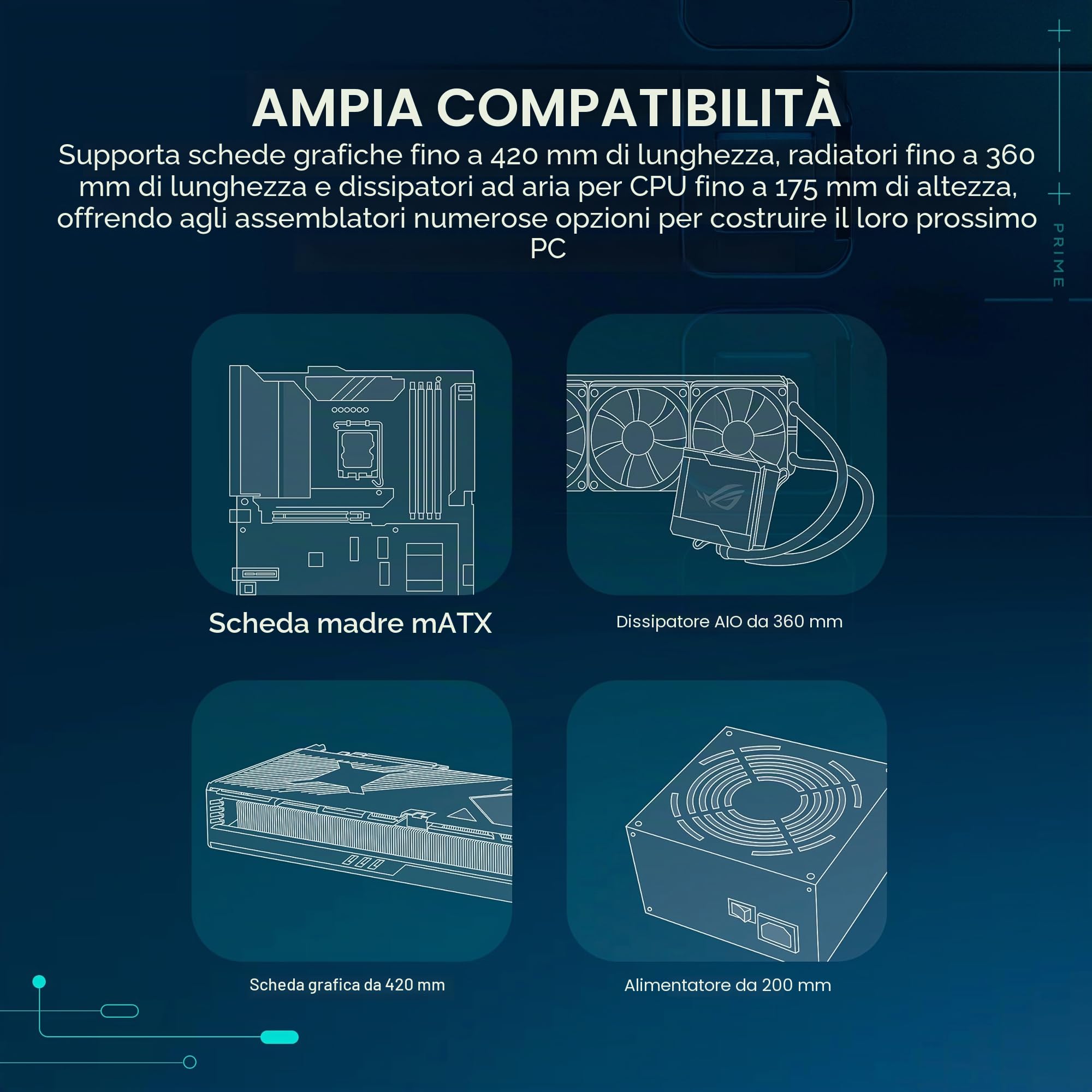 ASUS Prime AP202 ARGB, Case mATX, Pannelli Tool-Free, Supporto per Dissipatori da 360mm, Schede Grafiche da 420 mm e Alimentatori da 200 mm, 3 Ventole ARGB Integrate, Porta USB-C, Nero