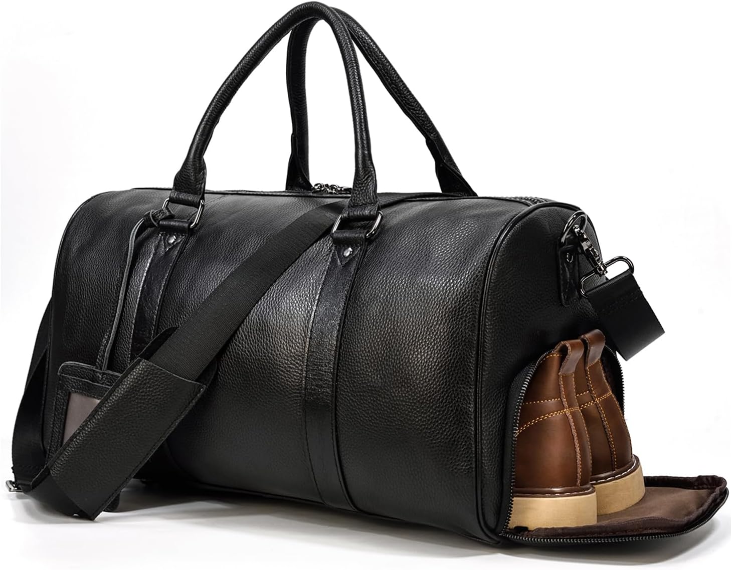 Genuine Leather Travel Bag Unisex Weekender Bag, Airplane Carry-On Luggage with Multi Compartments for Travel Gym, Black