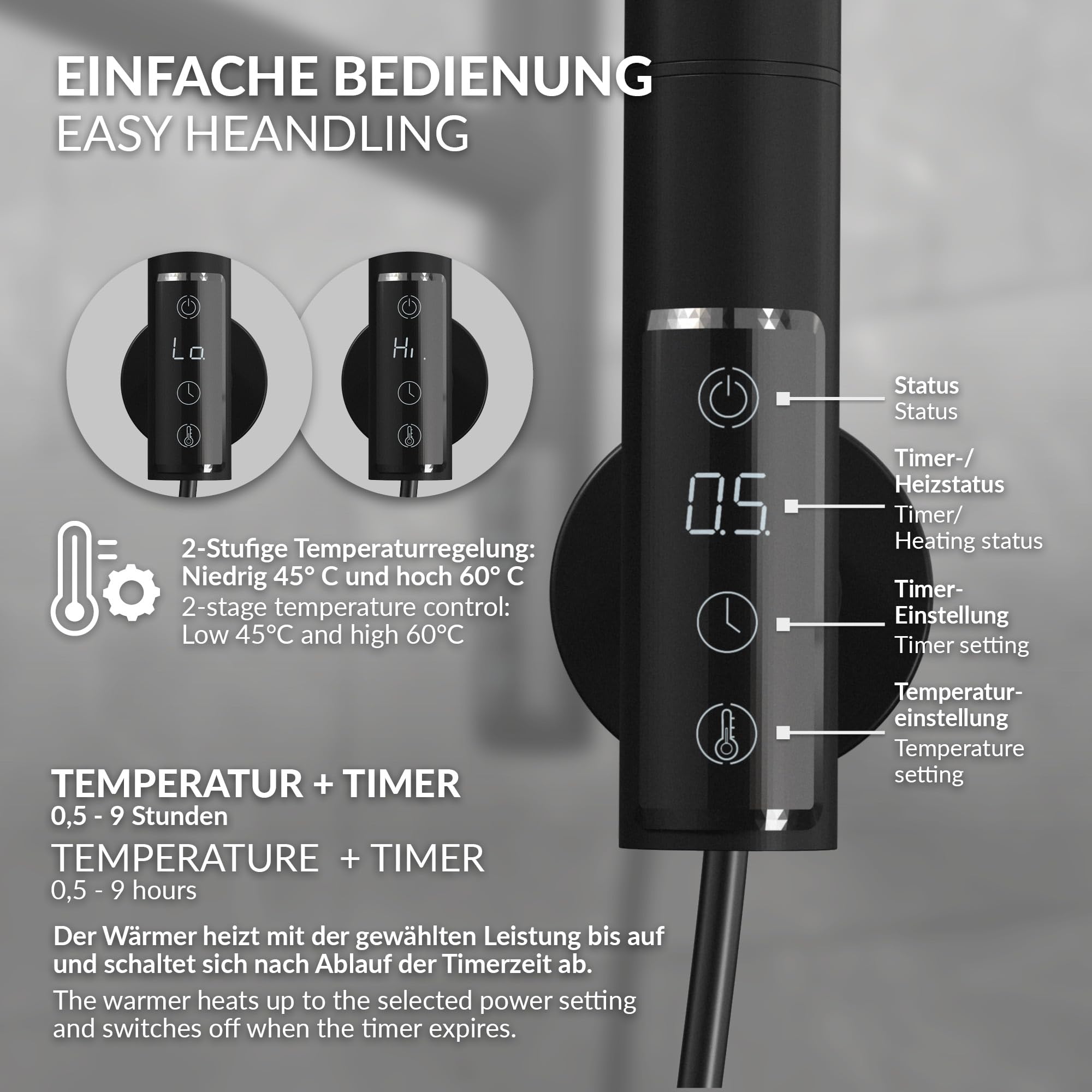 LuxeBath Scaldasalviette Elettrico con 5 Bracci Girevoli a 180°, Nero Opaco in Acciaio, 75W, Timer 0,5-9h e Display Touch Digitale, Radiatore da Bagno IPX4, 450x622 mm, Portasciugamani a Parete