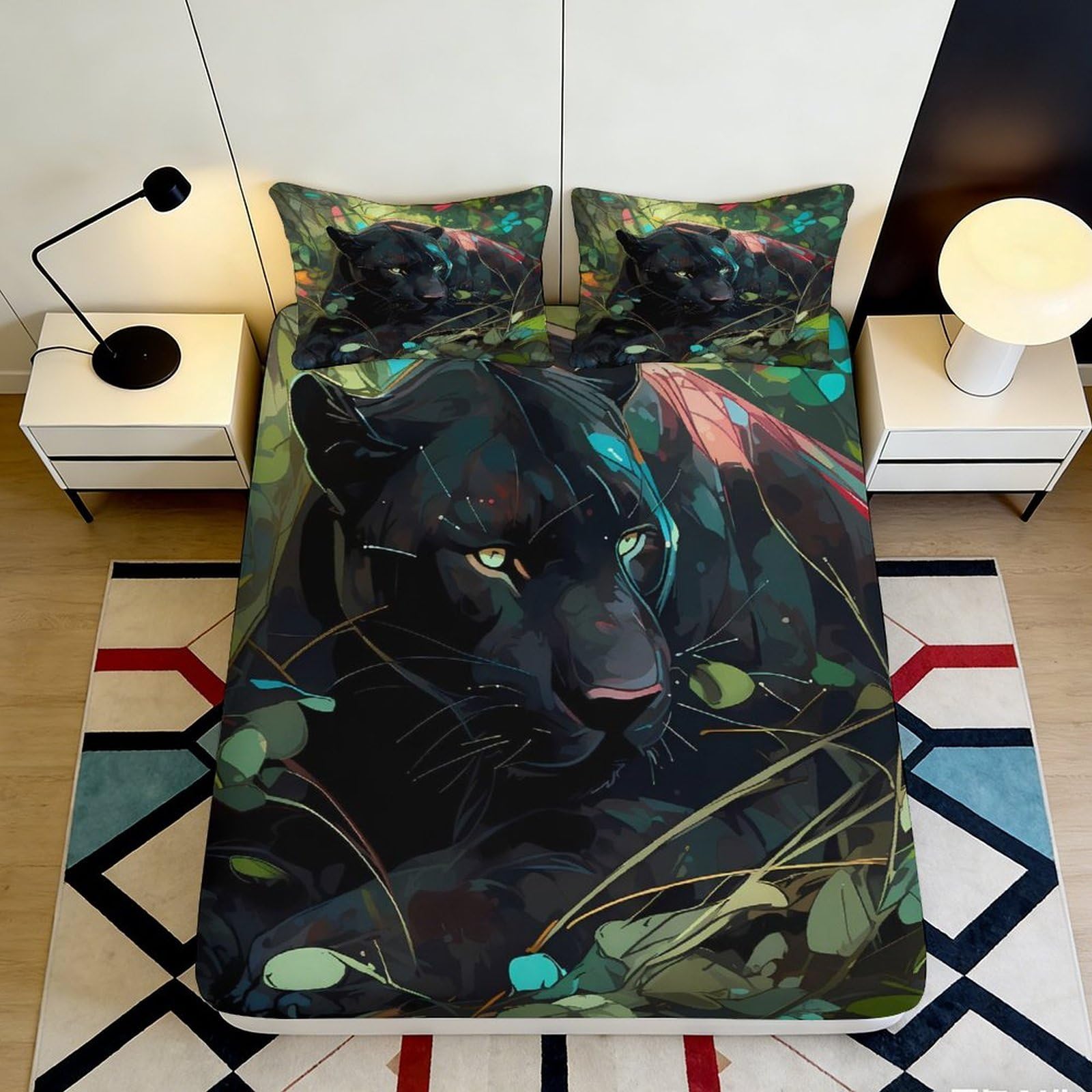 3D Printed Black Panther Fitted Sheet Microfiber Soft Durable Jungle Leaves Bed Cover for Bedroom Dormitory Guest Room Mattress Protection 160x200x25cm