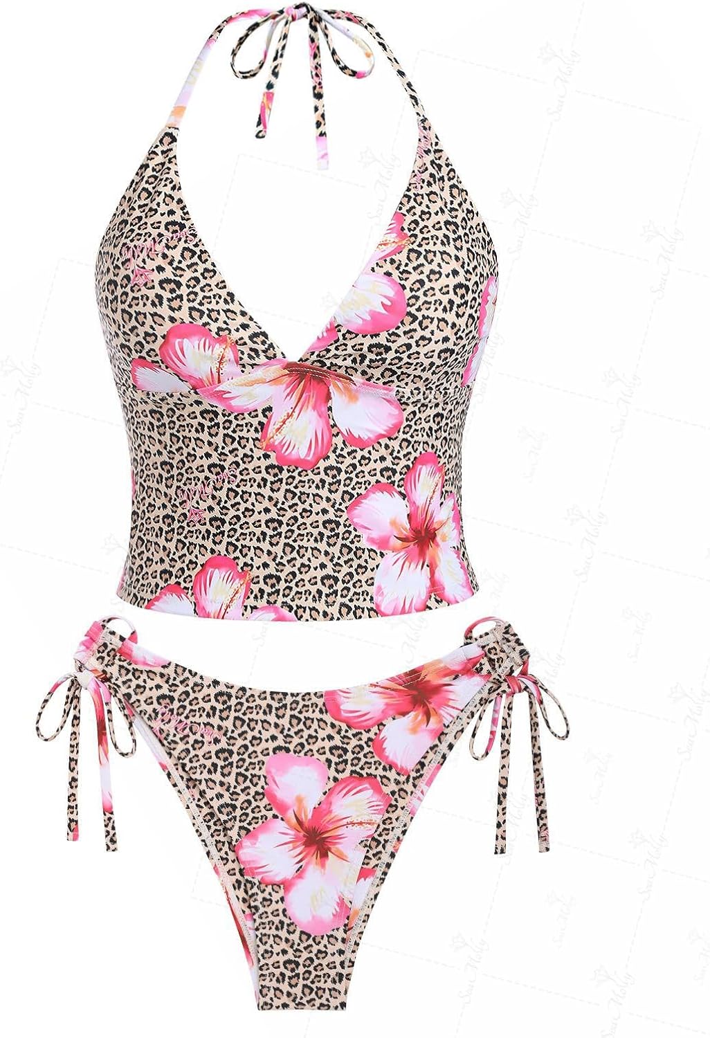 Jacquard Floral & Leopard Tankinis - Tankini Swimsuits for Women with Plunging Neck & Gingham Trim