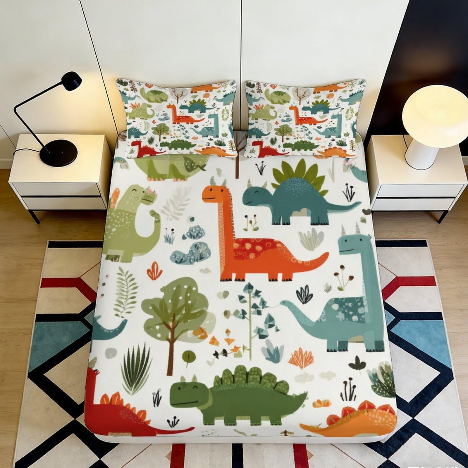 3D Printed Dinosaur Forest Fitted Sheet Microfiber Soft Breathable Cartoon Animal Mattress Cover for Bedroom Decor 116 200x200x25cm