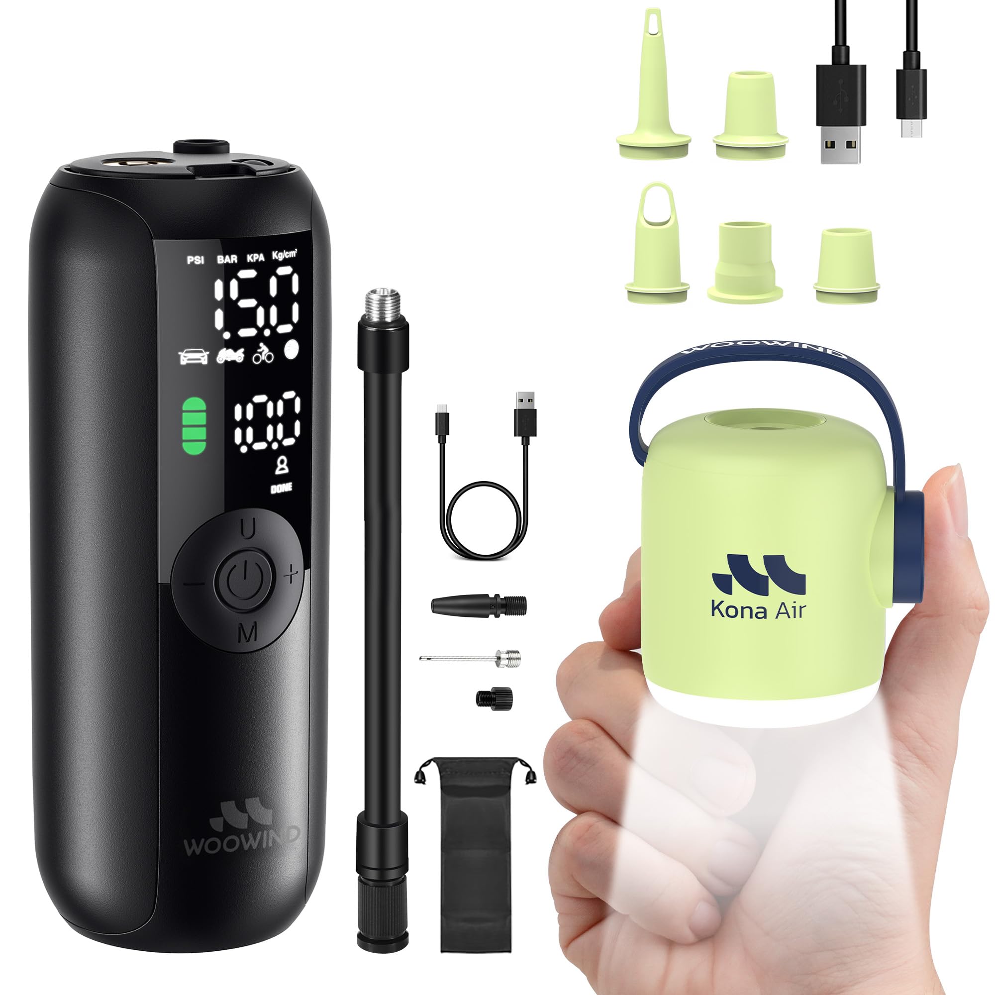 Woowind LP1 + Kona Air-Vert – Bundle Gonfleur de Pneus 150PSI pour Voiture/Vélo et Pompe Électrique 200L/min pour Gonflables Camping avec LED
