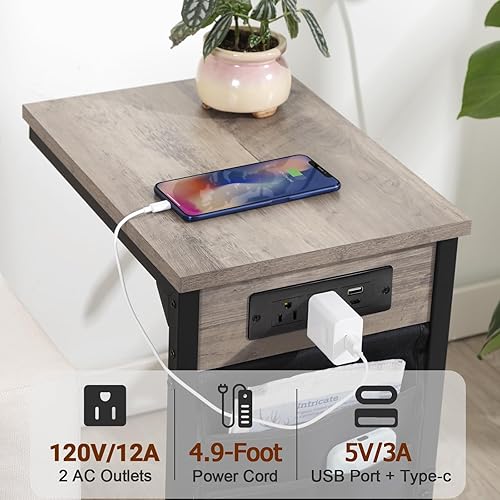 Miniatura 19 de AMHANCIBLE HET04CBK - Mesa auxiliar en forma de C con estación de carga, juego de 2 bandejas de TV, mesas de sofá con bolsa de almacenamiento, mesa