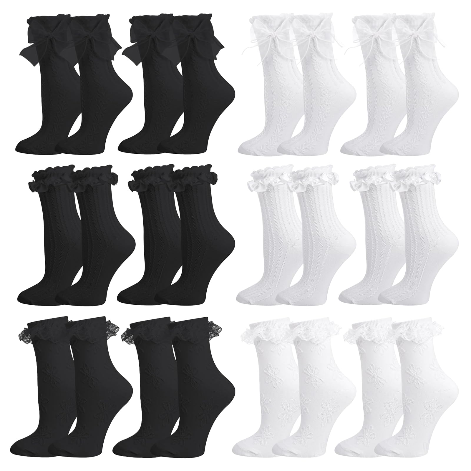 Heuiop Women's Black And White 12 Pairs Frilly Socks, White And Black Frilly Socks, Ankle Lace Ruffle Sock For Girls