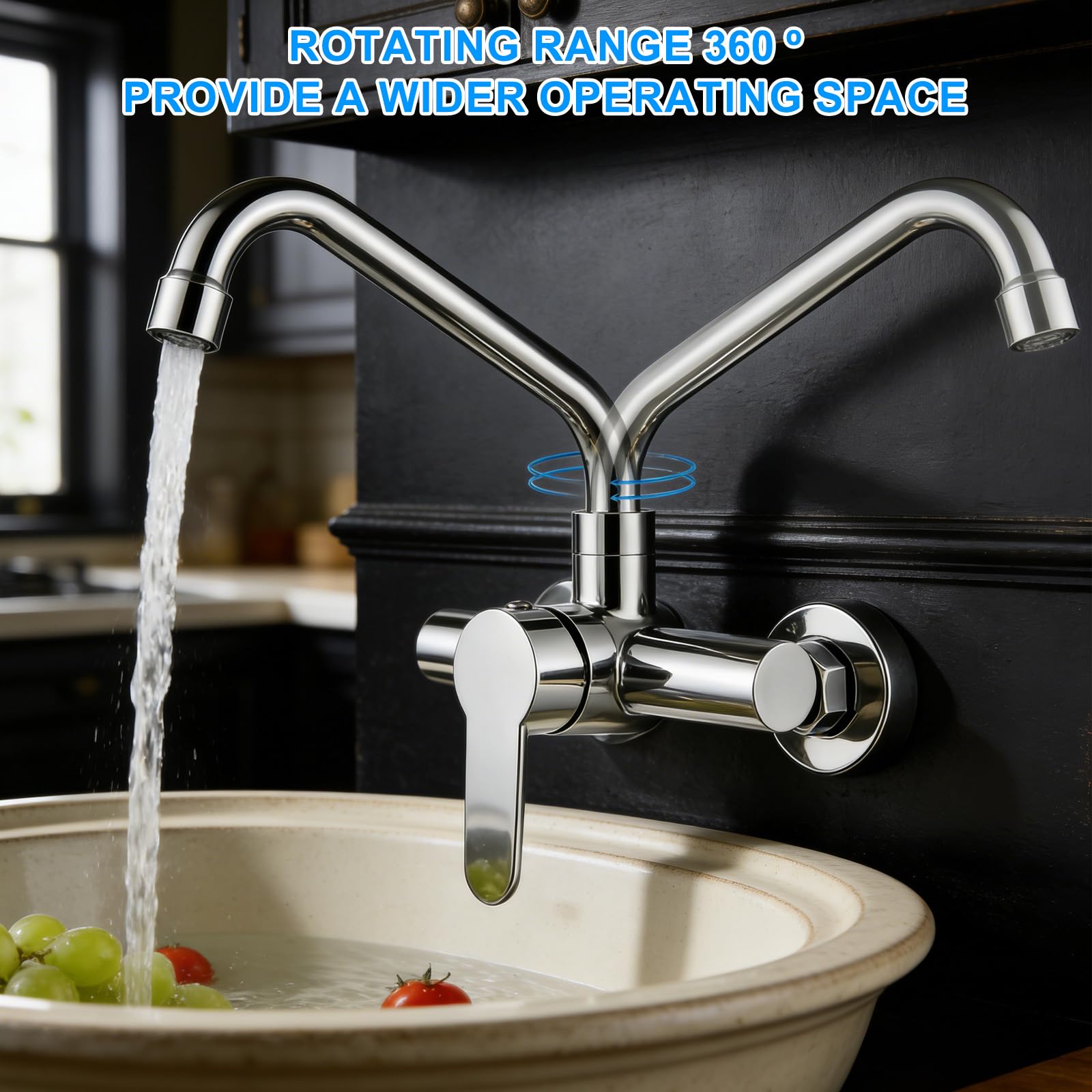 Rubinetto da cucina montaggio a parete: 304 in acciaio inox spazzolato a parete, girevole a 360 gradi, cartuccia in ceramica, acciaio inox opaco, rubinetto da parete in acciaio inox per cucina