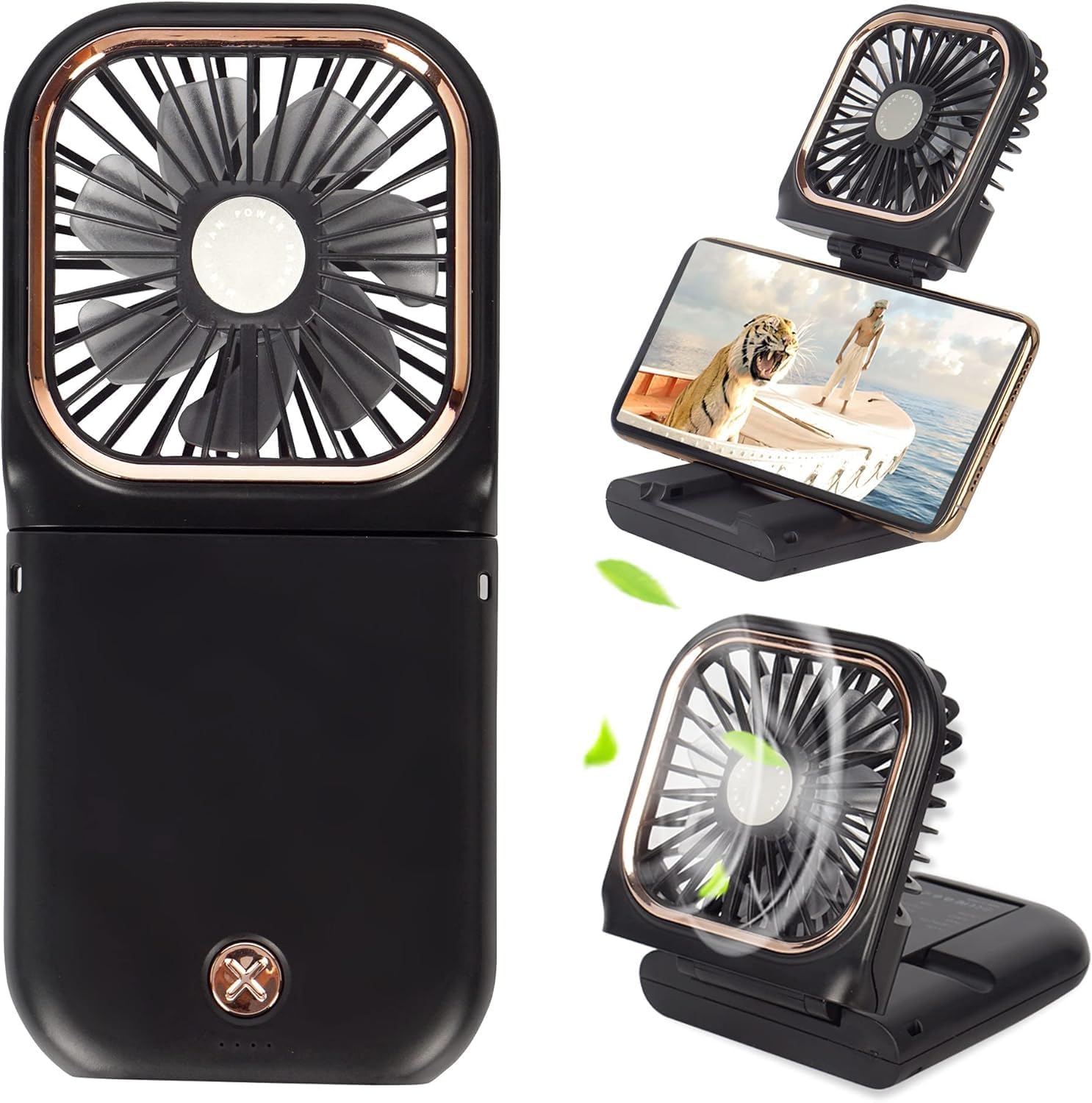 Tragbarer Mini-Handventilator, 3 Geschwindigkeitsstufen, 5-in-1 USB Wiederaufladbarer Ventilator mit Powerbank, Handyhalterung, als Hand- & Tischventilator nutzbar – 3000 mAh Akku, Hals-Trageband