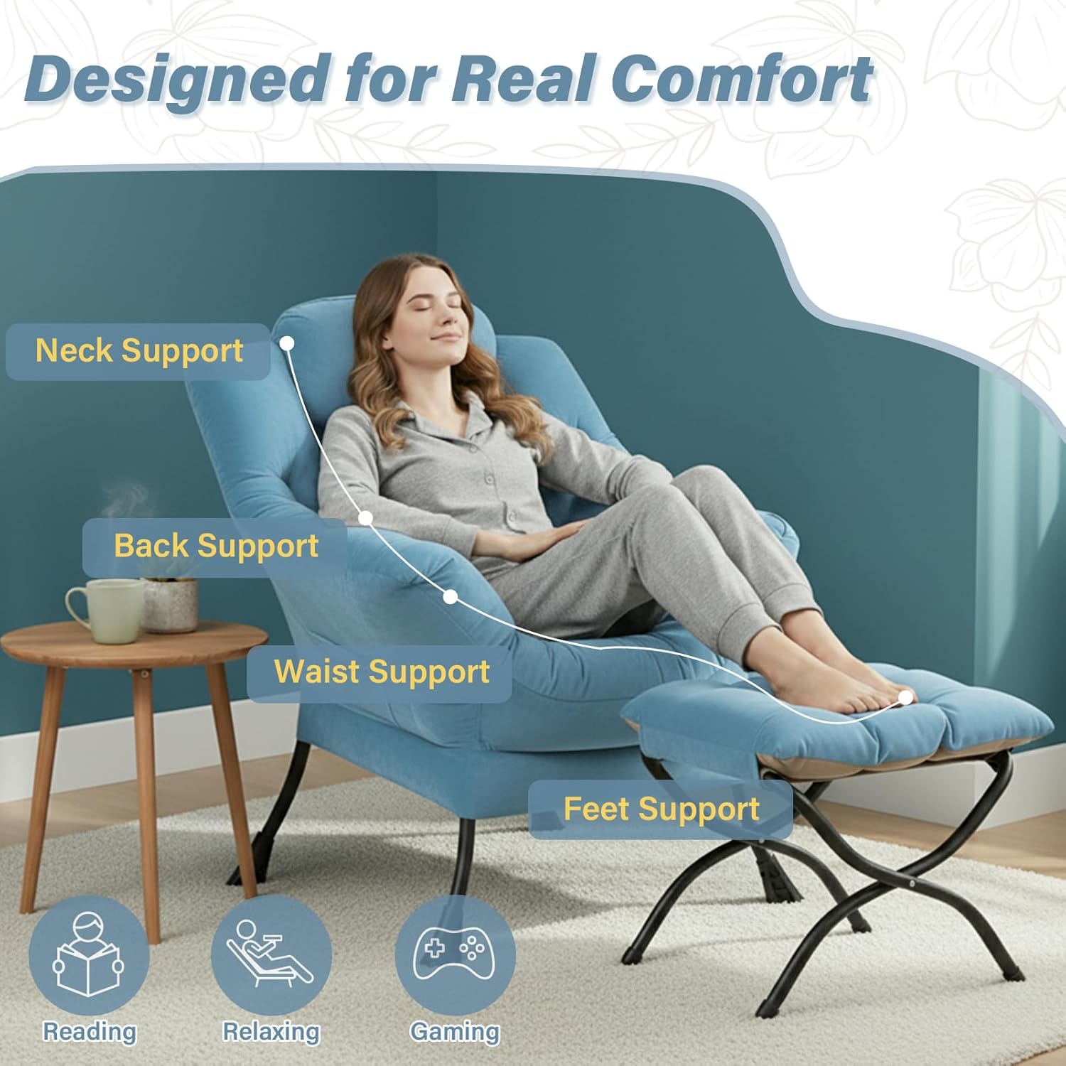Cozy Lazy Chair and Ottoman, Large Contemporary Velvet Blue Accent Chair Set, Modern Leisure Upholstered Reading Armchair for Office, Bedroom, Living Room, Dorm Rooms, Balcony
