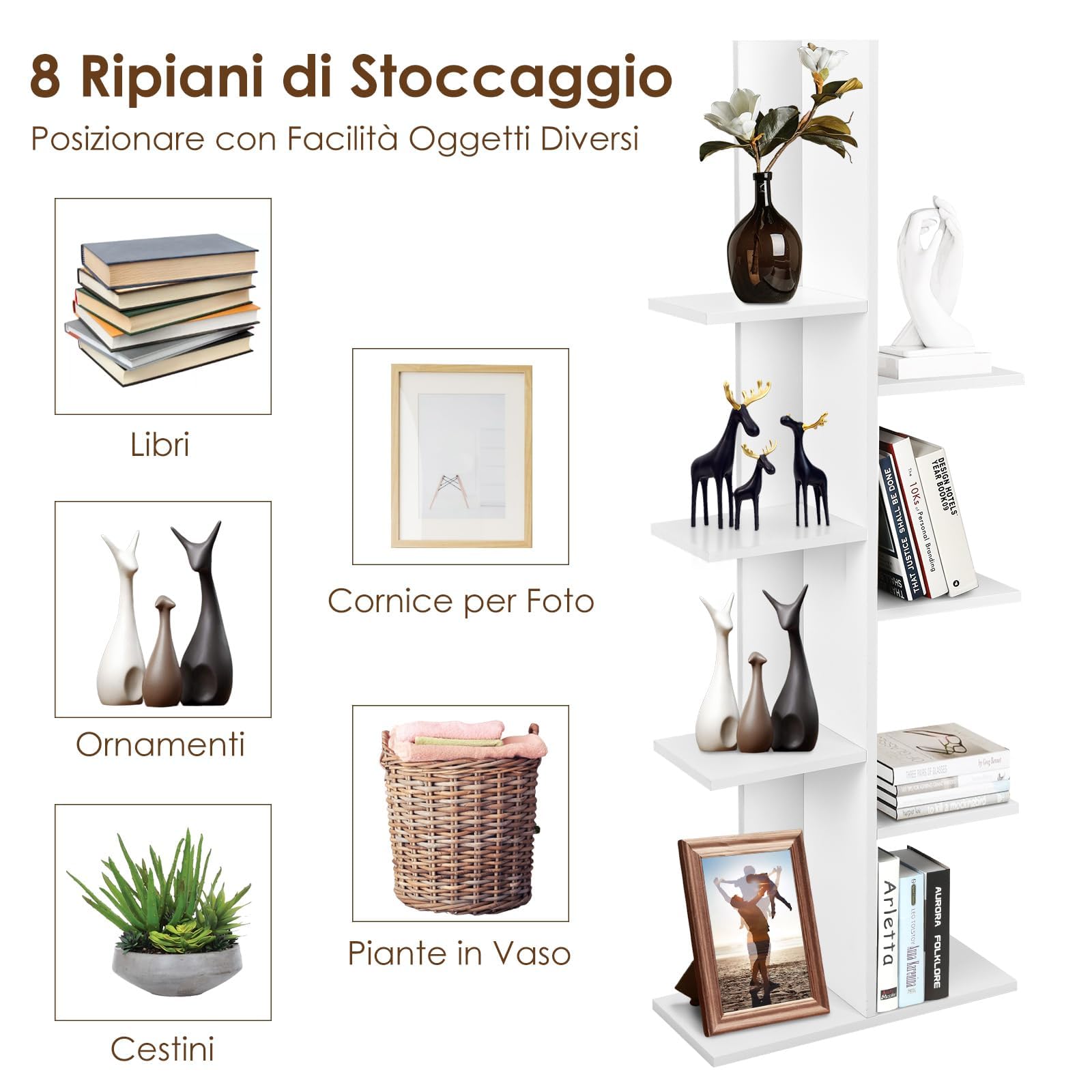 COSTWAY Scaffale in Legno per Libri, 6 Livelli, Libreria da Terra multiuso per Soggirno Ufficio Balcone, Ideale per per Soggirno Ufficio Balcone, 50 x 20 x 141 cm (Bianco)
