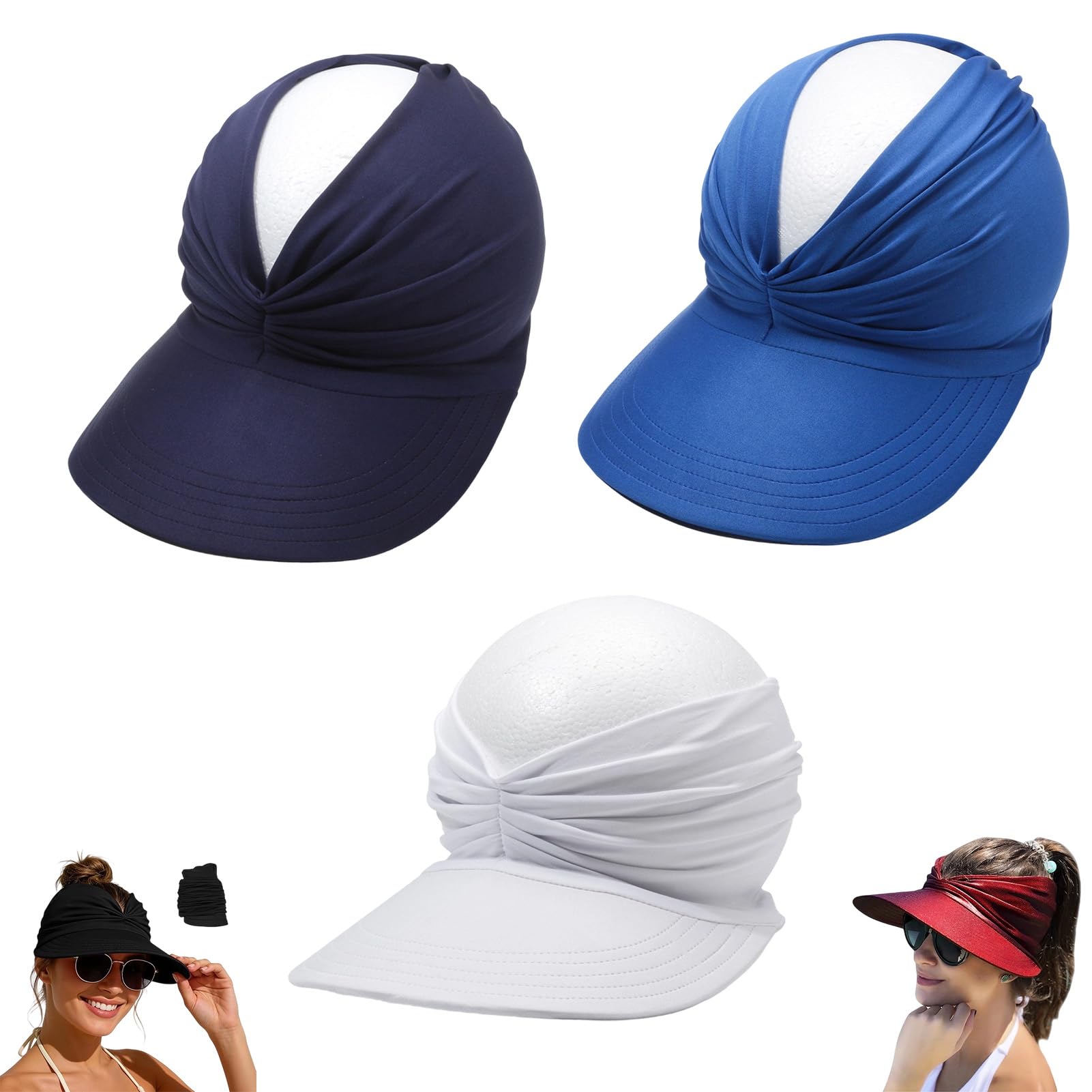 Fjaldjfu Women's 3Pc-E Upf 50+ Uv Protection Sun Visor Hat, Wide Brim Quick Dry Foldable Summer Sun Hats, Beach Hats For (3Pc-E)