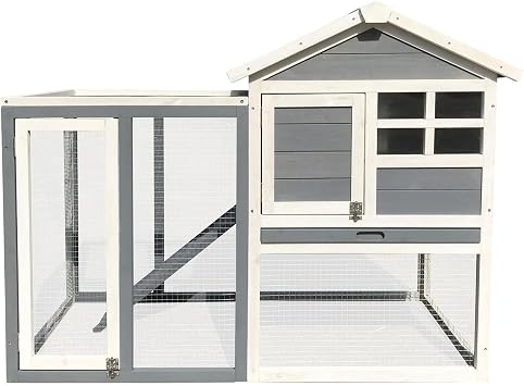Hanover Outdoor Wooden Elevated Rabbit Hutch with Ramp, Wire Mesh Run, Cage, Waterproof Roof, and Removable Tray, Weather Resistant and Durable Modern Rabbit Cage for Backyard, Patio, or Lawn