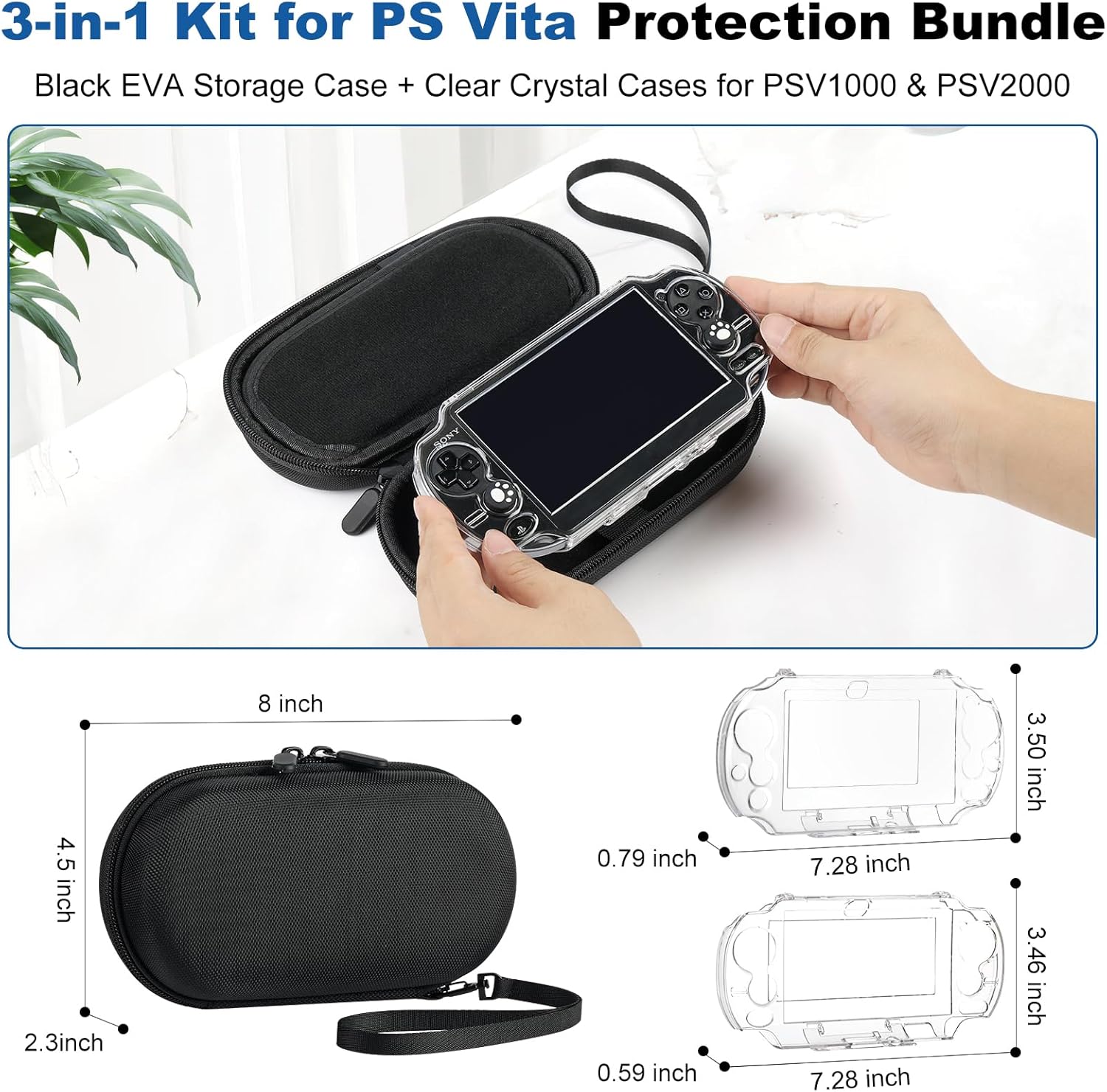 Jekarsy 3-in-1 Kit for PS Vita Case Bundle, Hard EVA Carrying Case for Sony PS Vita 1000/2000, Two Clear Crystal Cases for PSV 1000/2000, Console & Other Accessories Not Included