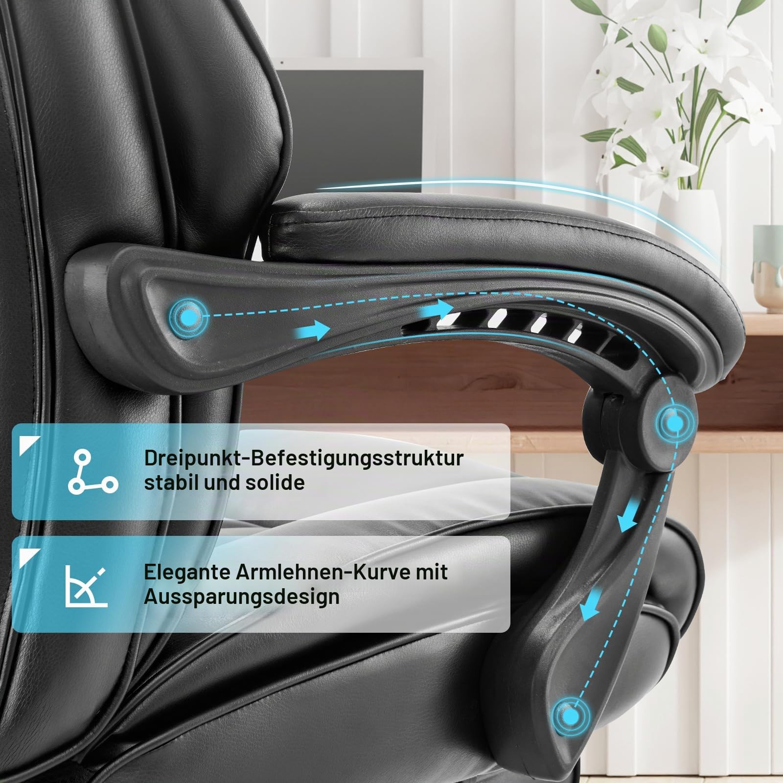 COLAMY Bürostuhl Leder mit Fußstütze, Ergonomischer Chefsessel für Homeoffice – Hohe Rückenlehne, 90–135° Neigefunktion, Gepolsterte Armlehnen, Office Chair mit Lendenkissen, Schwarz