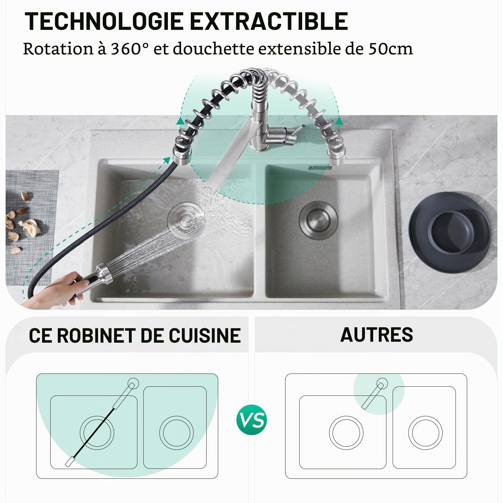 CREA Robinet Évier de Cuisine à 3 Voies avec Douchette Extractible et Rétractab, Mitigeur Monocommande Monotrou avec Systèmes Filtre à eau et d'Osmose, brossé