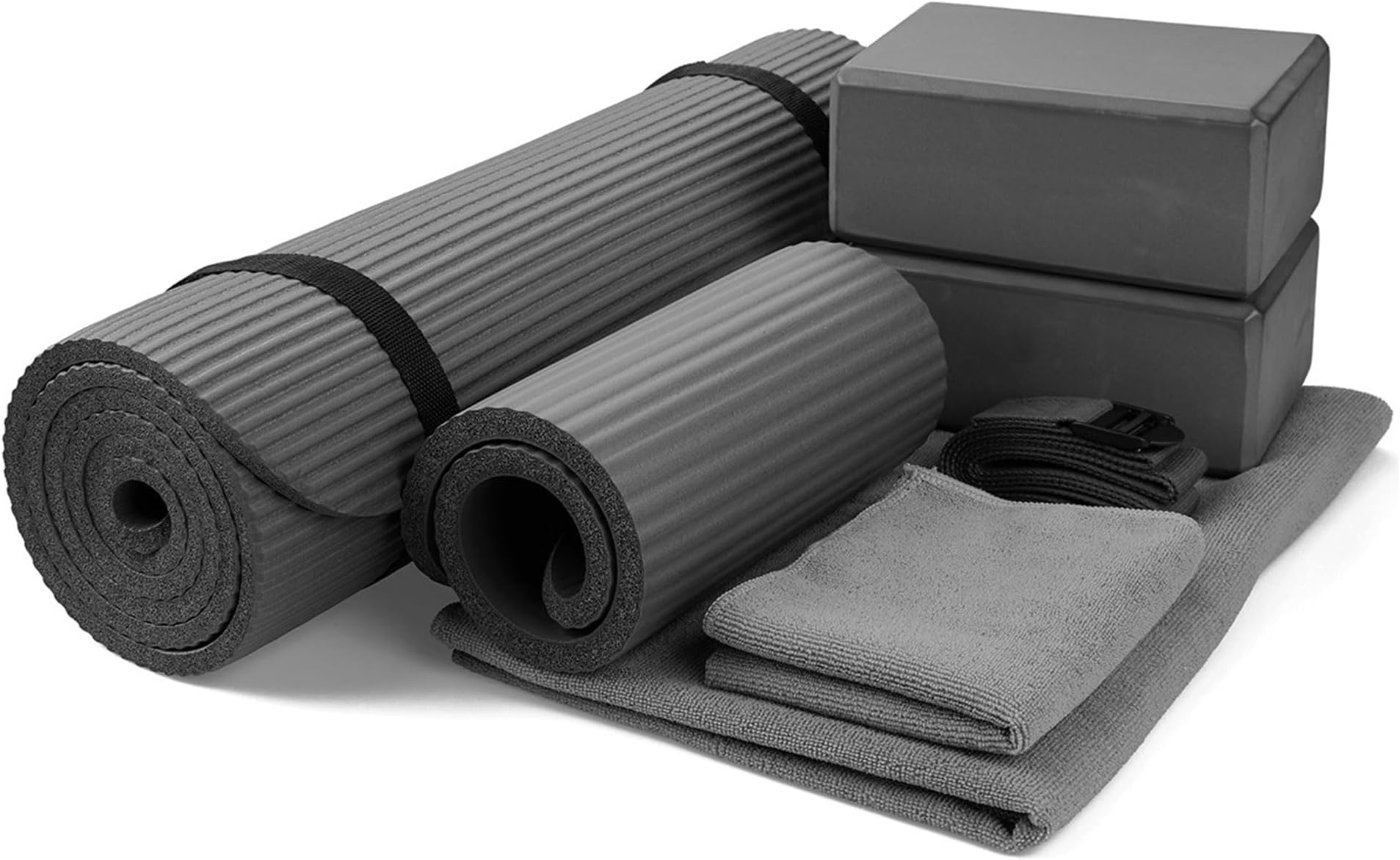BalanceFrom 7-Piece Yoga Set with 71x24x0.5 Inches Extra Thick Mat and Carrying Sling – Includes 2 Blocks, Stretch Strap, 2 Towels, and Knee Pad for Home, Studio, and Gym Workouts
