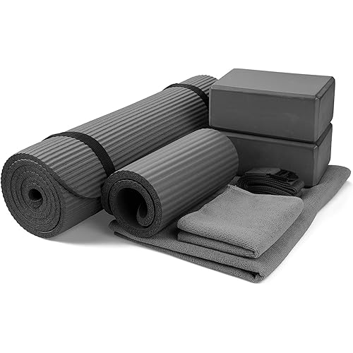 BalanceFrom 7-Piece Yoga Set with 71x24x0.5 Inches Extra Thick Mat and Carrying Sling – Includes 2 Blocks, Stretch Strap, 2 Towels, and Knee Pad for Home, Studio, and Gym Workouts