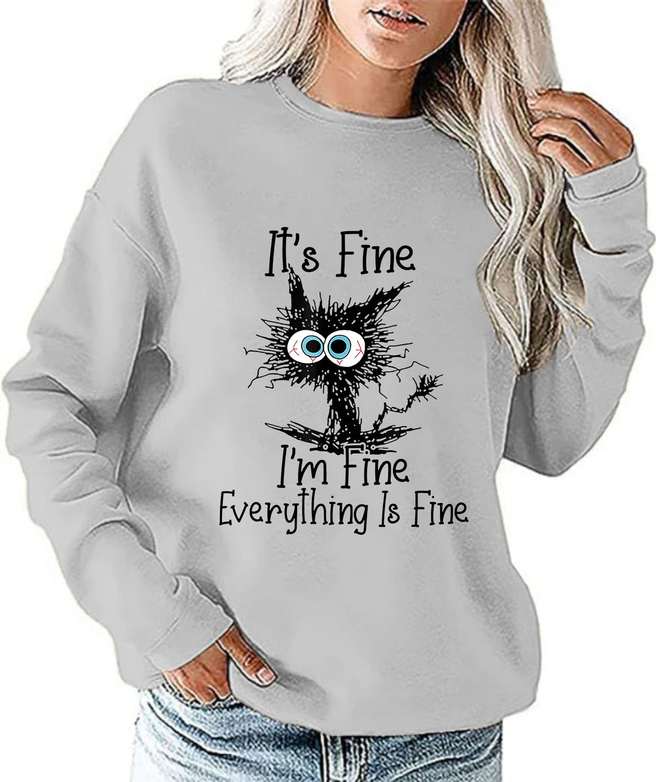 ZreeyIt's Fine I'm Fine Everything Is Fine Funny Cat Printed Sweatshirt For Women Long Sleeve Graphic Womens Tee Tops