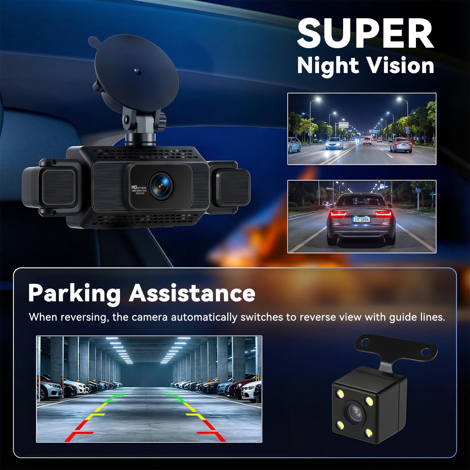SIXWIN Dashcam 360° 4 Cámaras | 3" Pantalla IPS, Frontal 1080P+3 * 480P, WiFi, Visión Nocturna, G-Sensor, App, Vigilancia 24/7, Grabación en Bucle, Asistente de Estacionamiento