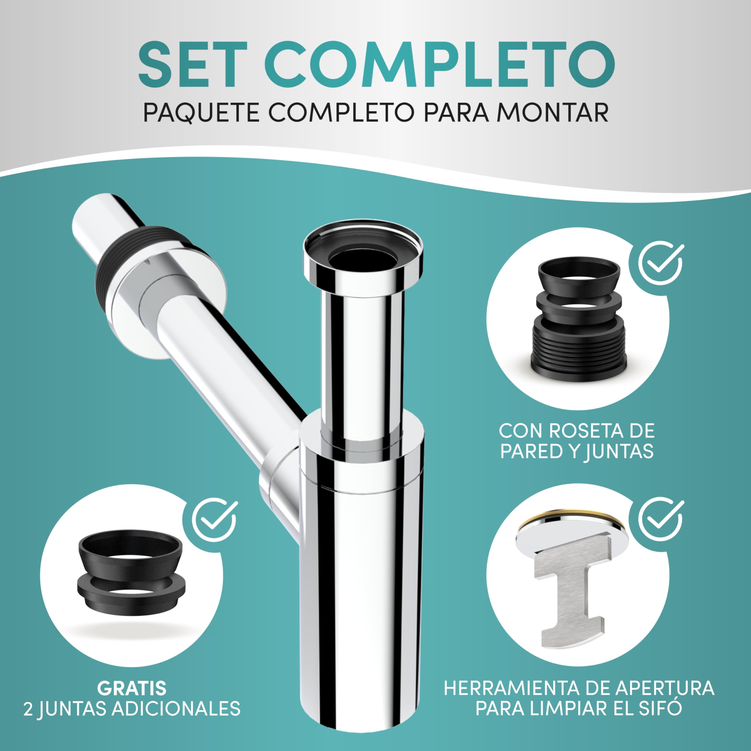 Engelbach® Sifón diseño para lavabo 1 1/4" con apertura limpieza - Desagüe universal con junta de goma e instrucciones - Cromado