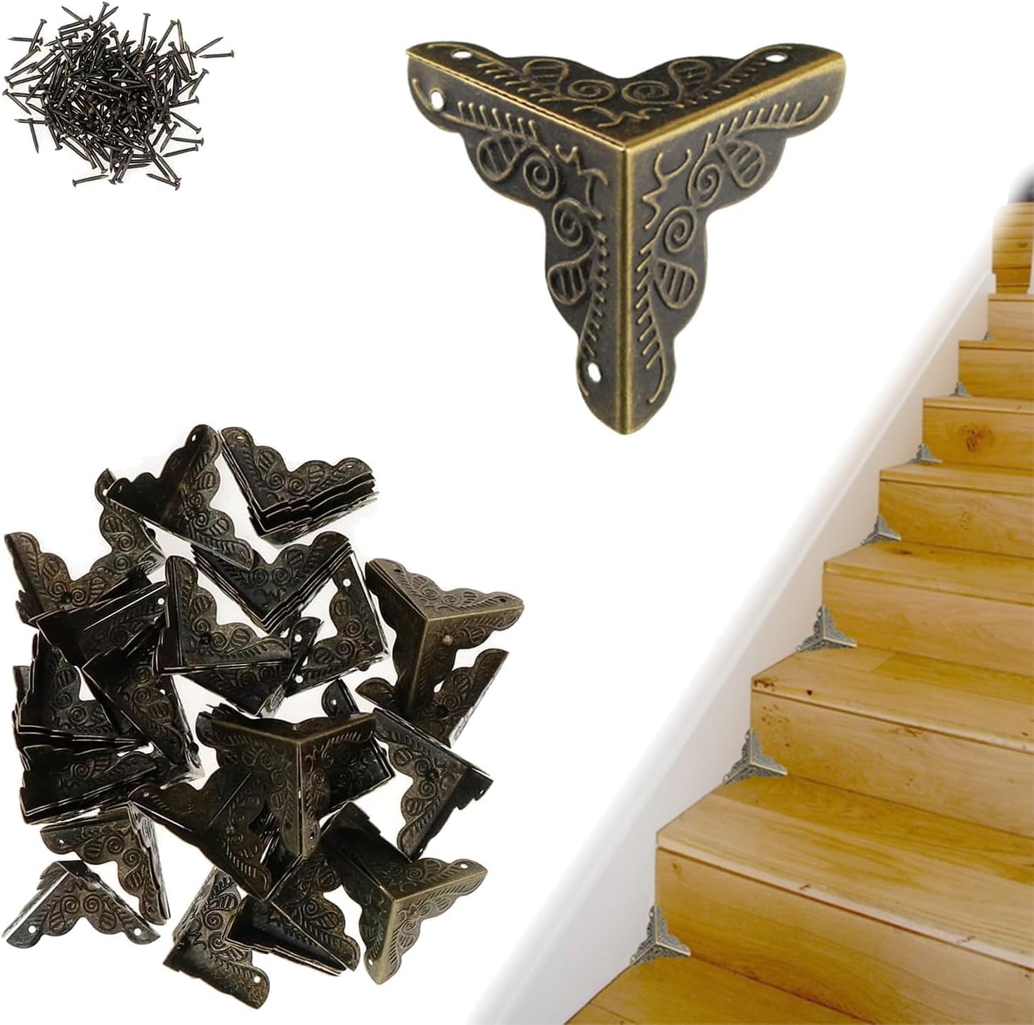 Hikaka Stair Dust Corners for Wooden Steps Vintage Decorative, 100PCS Antique Dust Corners for Stairs, 25mm Edge Guard with Screws, Anti-collision Corner Safety Protection Four Corners (Bronze)