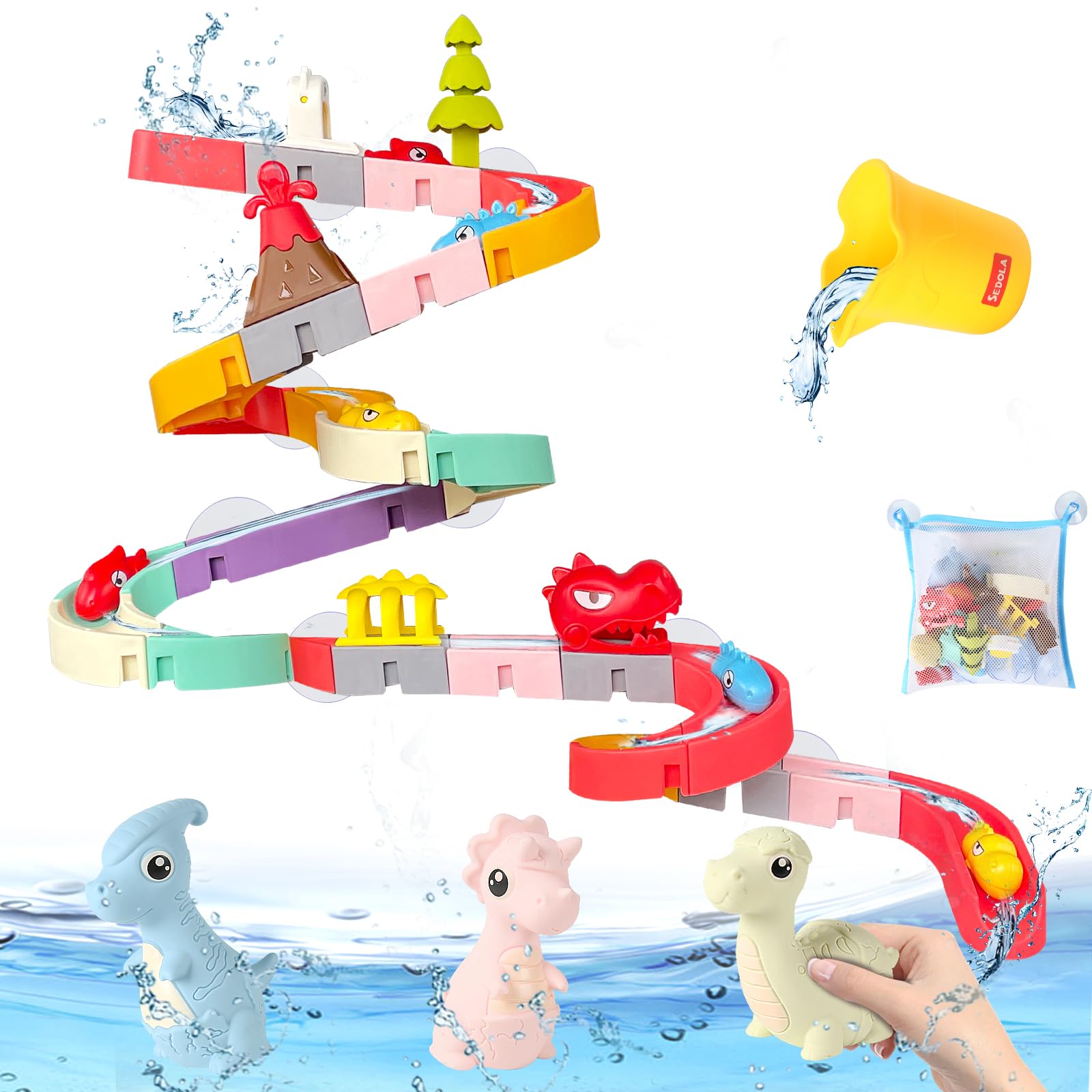 72 juguetes de baño de dinosaurios para niños de 4 a 8 años, juguetes de tobogán acuático de tina para niños, juego de construcción de bricolaje con juguetes de baño de goma para regalos de cumpleaños