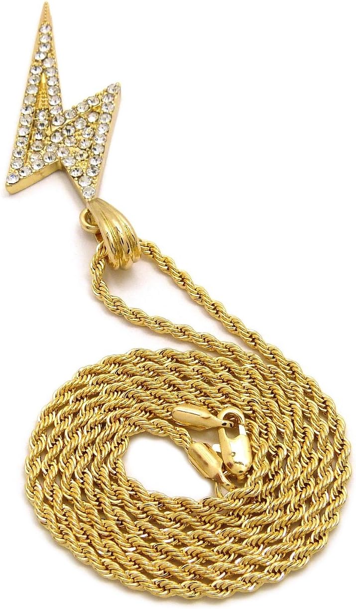CBC Crown Stone Filled Lightening Bolt Style Pendant in 18"/20"/24" Box, Cuban, Franco or Rope Chain Necklace in Gold or Rhodium Tone