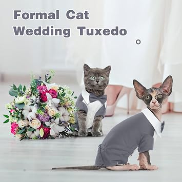 DENTRUN Cat Tuxedo Suit with Two Bow Tie, Stylish Cat Shirt Formal Outfit, Hairless Cat Fashion Apparel Fancy Clothes, Kitten Formal Attire Wedding Onesie Costume for Cats Only