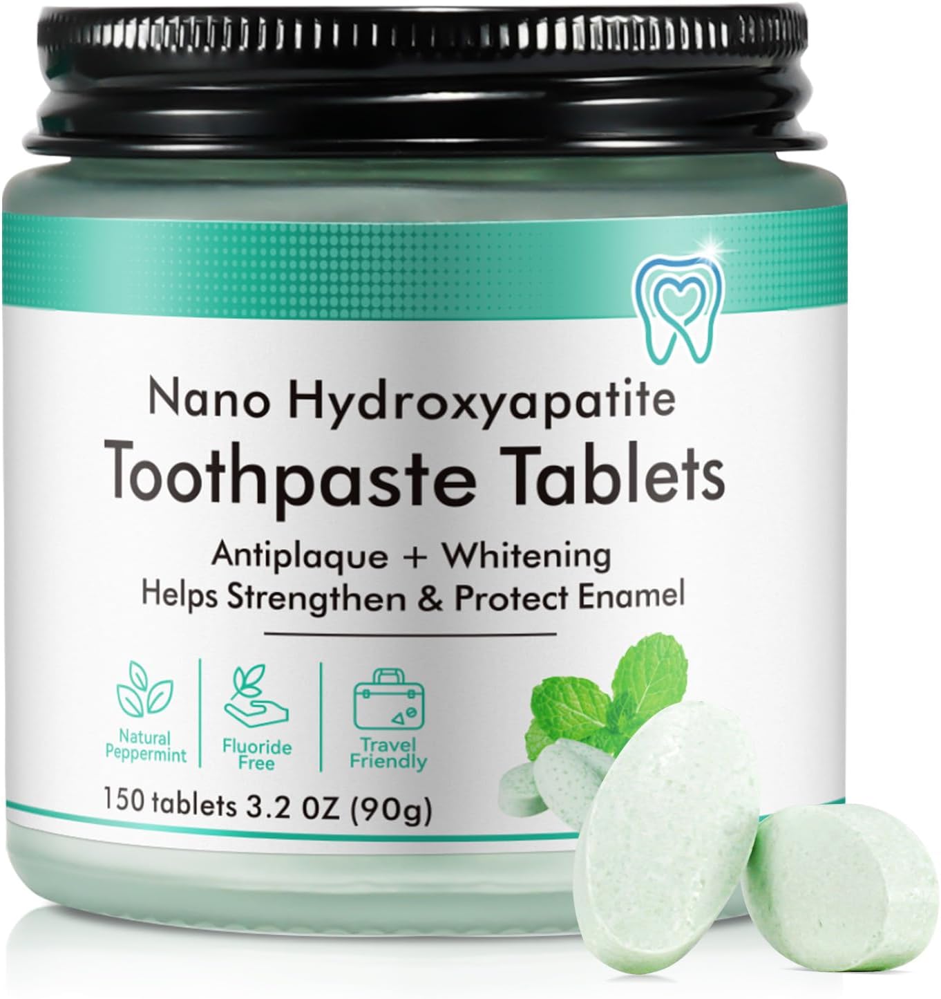 Nano Hydroxyapatite Toothpaste Tablets 150 Tabs - Natural Whitening Fluoride Free & Eco Friendly Travel Mouthwash Tablets Chewable Toothpaste - Peppermint