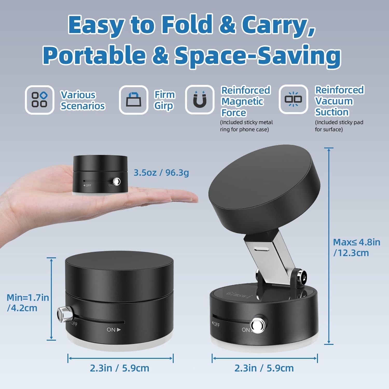 Vacuum Magnetic Phone Holder with Metal Ring Compatible with iPhone 17 Samsung All Phone, Portable Universal Collapsible Magnetic Phone Stand for Gym Car Mount with Windshield Suction Cup