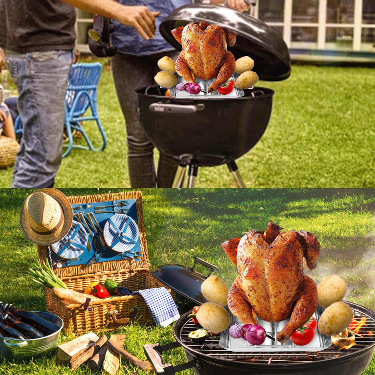 AMOZO Hähnchenbräter - Edelstahl Hähnchenhalter - Bierdose für Hähnchengrill - Grillzubehör für Barbecue, für Grill im Freien, Ofen - BBQ Accessoire mit 4 Gemüsespießen (KJJ-0001)