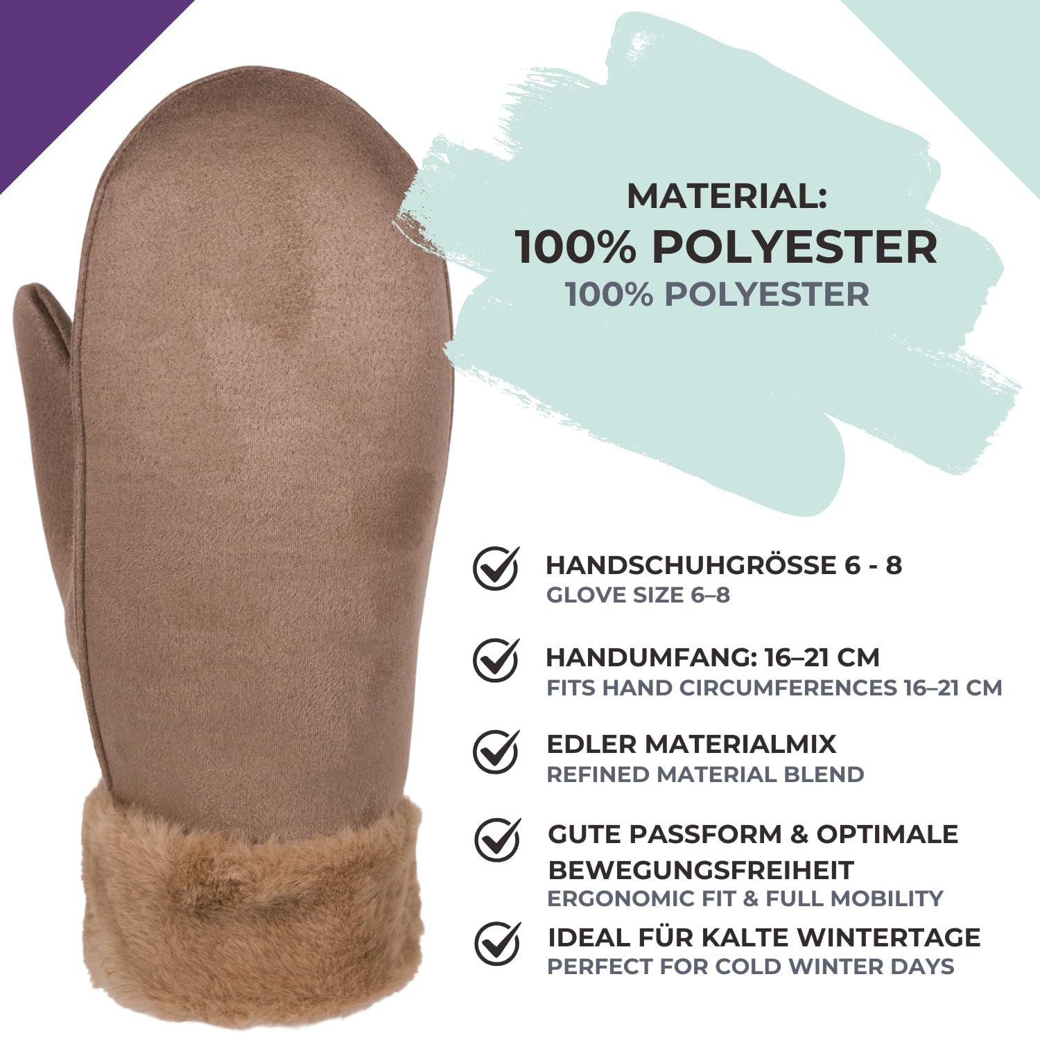 styleBREAKER Damen Winter Fäustlinge aus Veloursleder-Optik mit weichem Kunstfell-Bund - Warme Fausthandschuhe 09010048
